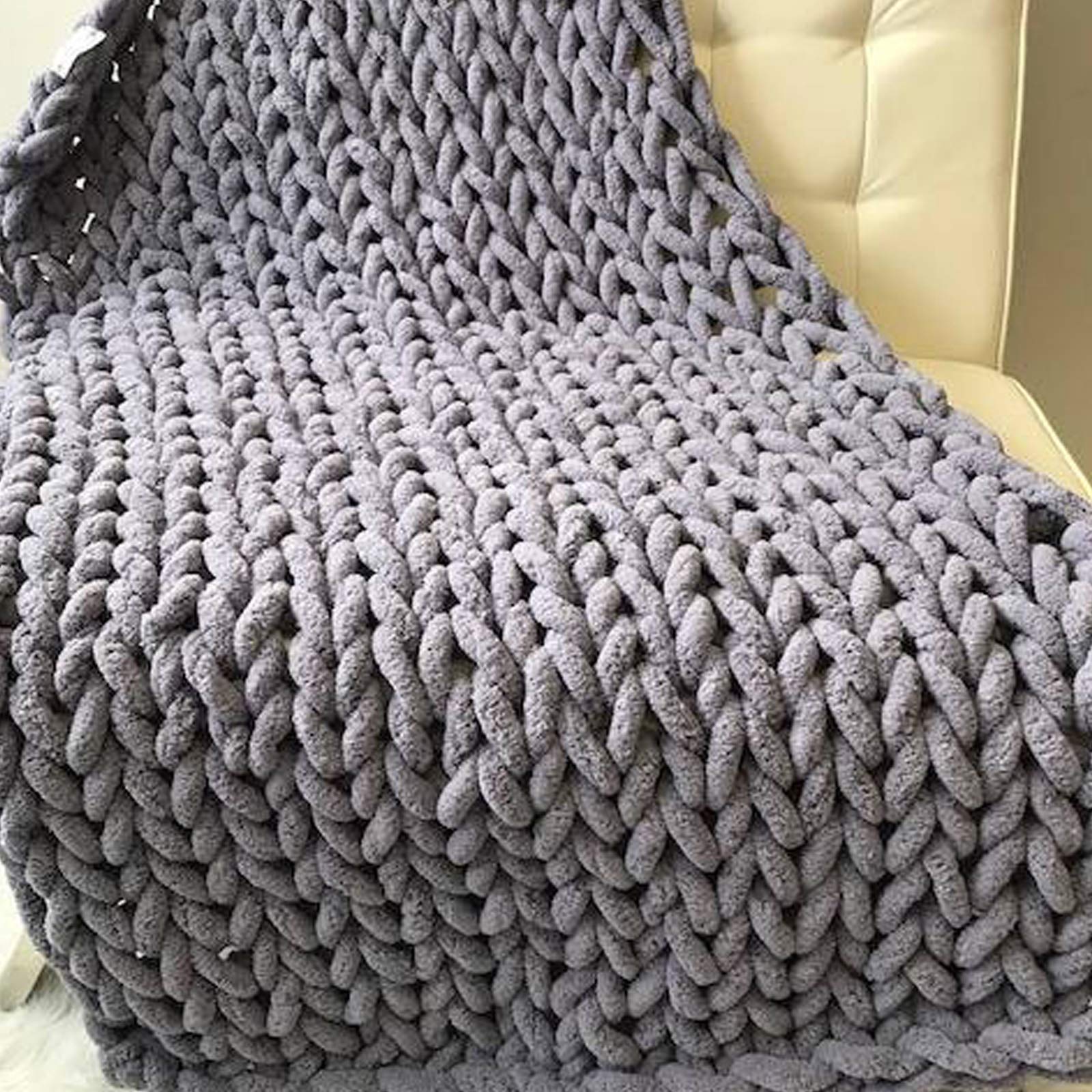 Handmade Chunky Knit Blanket - Soft Chenille Grey Oversized Cable Braided Throw (79x79 Inch) | Cozy Sofa Blanket, Warm Fluffy Bed Cover, Perfect Boho Gift for Home Decor