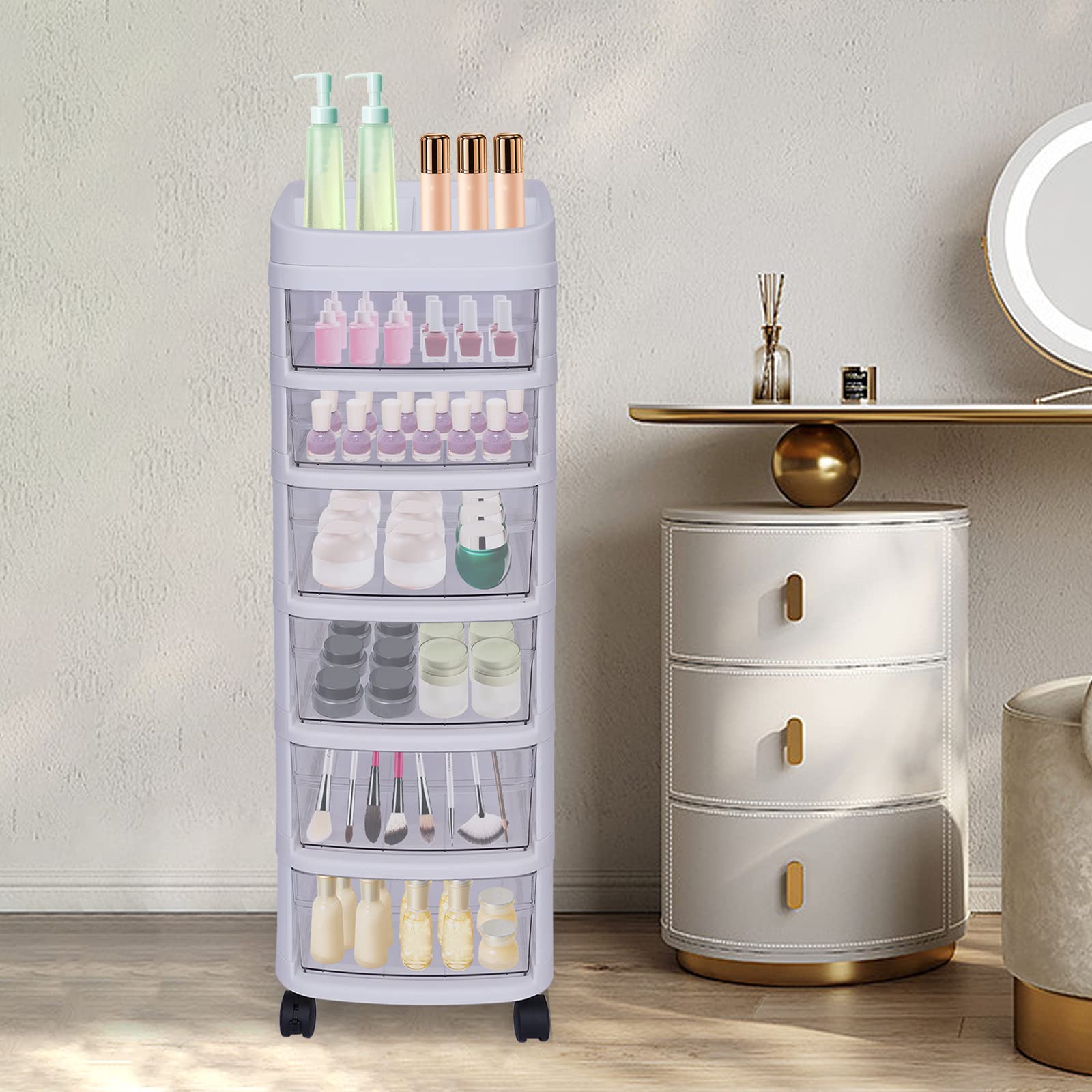 6-Layer Rolling Storage Cart with Wheels - Transparent Plastic Organizer Cabinet for Kitchen, Office, Bathroom & Laundry Room - Free Standing Drawer Trolley (34.2 x 14.1 x 11.8 Inches) - Perfect for Organizing Makeup, Cleaning Supplies, Toys & Pantry Items