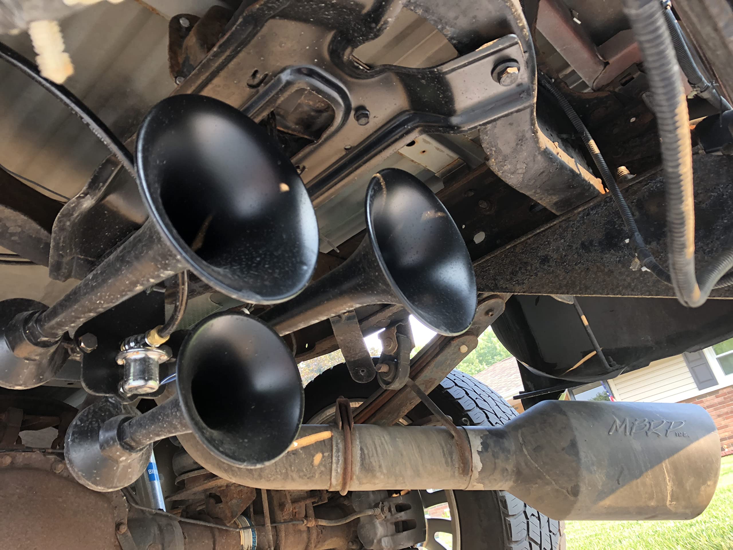 HornBlasters Outlaw Black 12/24 Volt Train Horn Kit - 3 Trumpet Air Horn for Trucks & Vehicles - Loud 150dB Sound for Emergency & Safety - Perfect for Semi Trucks, Boats & Off-Road Adventures