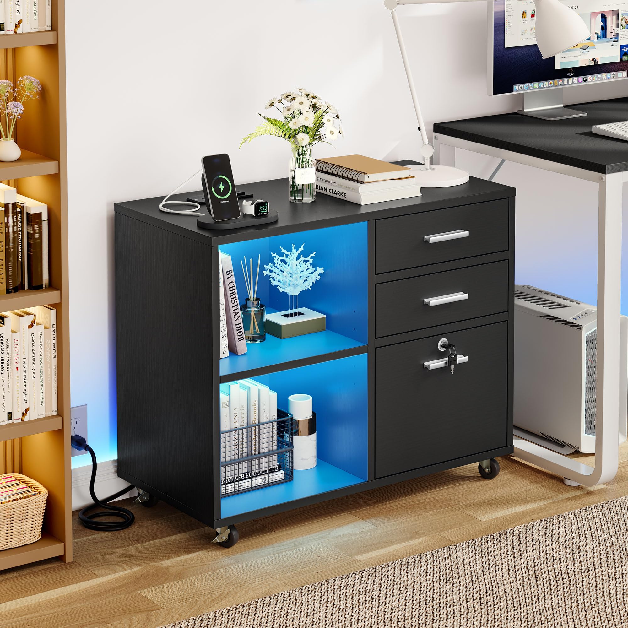 YITAHOME 3-Drawer Wooden File Cabinet with Wheels - Mobile Lateral Storage Cabinet, Printer Stand with Charging Station & LED Light for Home Office Organization - Black - Perfect for Small Spaces, Document Storage and Workspace Organization