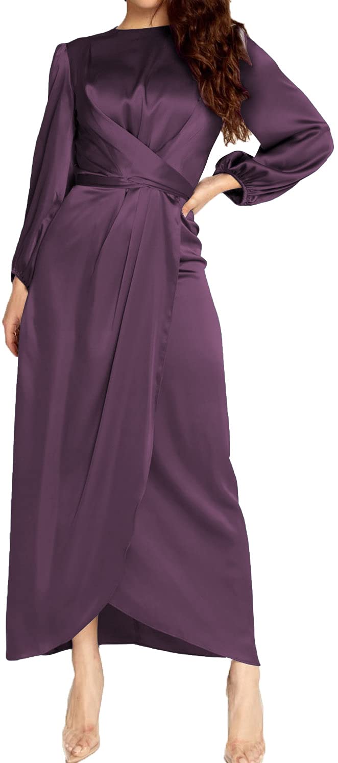 Elegant Empire Waist Long Sleeve Satin Maxi Dress for Women - Perfect for Weddings, Parties & Special Occasions
