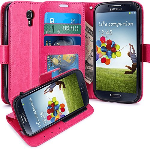 Premium PU Leather Wallet Case with Kickstand & Built-in Card Slots for Samsung Galaxy S4 - Hot Pink | Stylish Flip Cover for Daily Use, Travel & Business Meetings