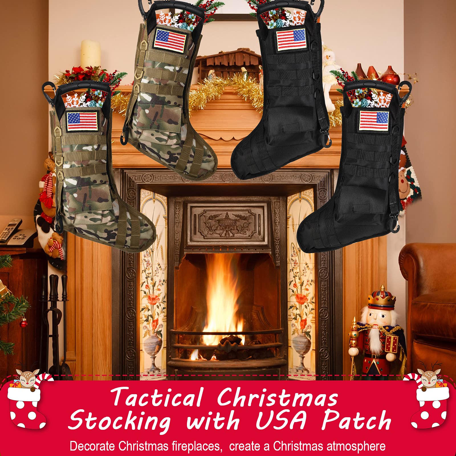 WILLBOND 2-Pack Tactical Military Christmas Stockings with American Flag Patches - MOLLE Compatible Gear Pouches for Holiday Decorations | Perfect for Xmas Tree Hanging, Fireplace Mantel Decor & Military-Themed Home Decor (Classic Style)