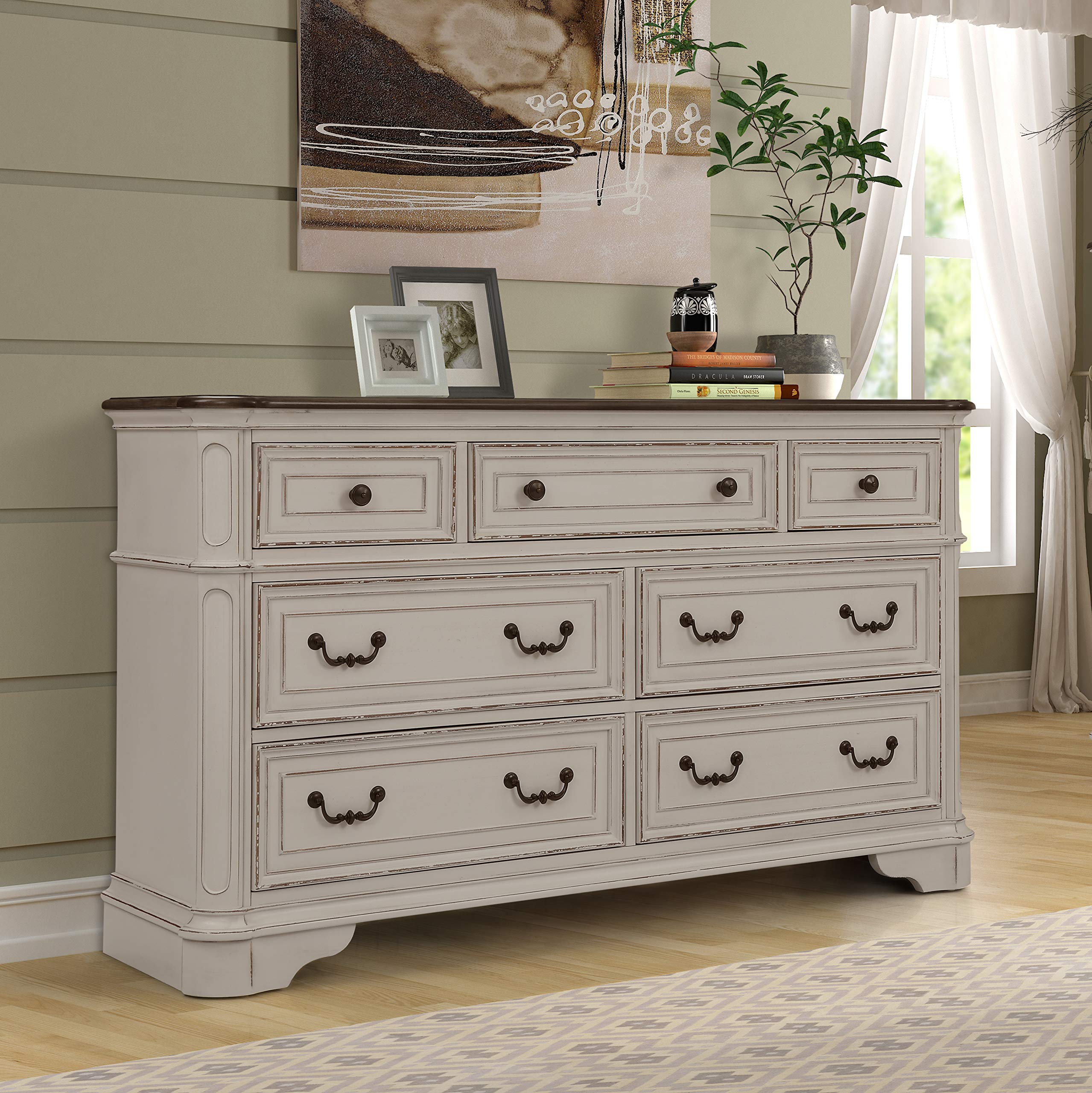 Roundhill Furniture Laval 7-Drawer Wood Dresser in Antique White & Oak - Perfect for Bedroom Storage & Organization