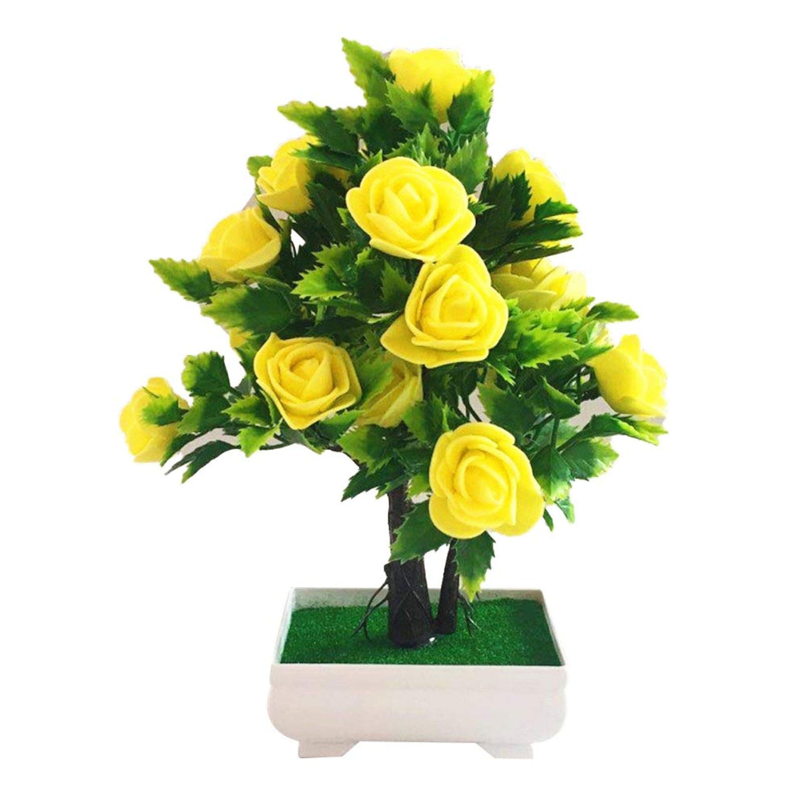 Artificial Plants & Fake Flowers - Realistic Pine Tree & Rose Potted Bonsai for Office Desk, Home Garden Decor (Yellow) | Perfect for Home, Office & Wedding Decorations