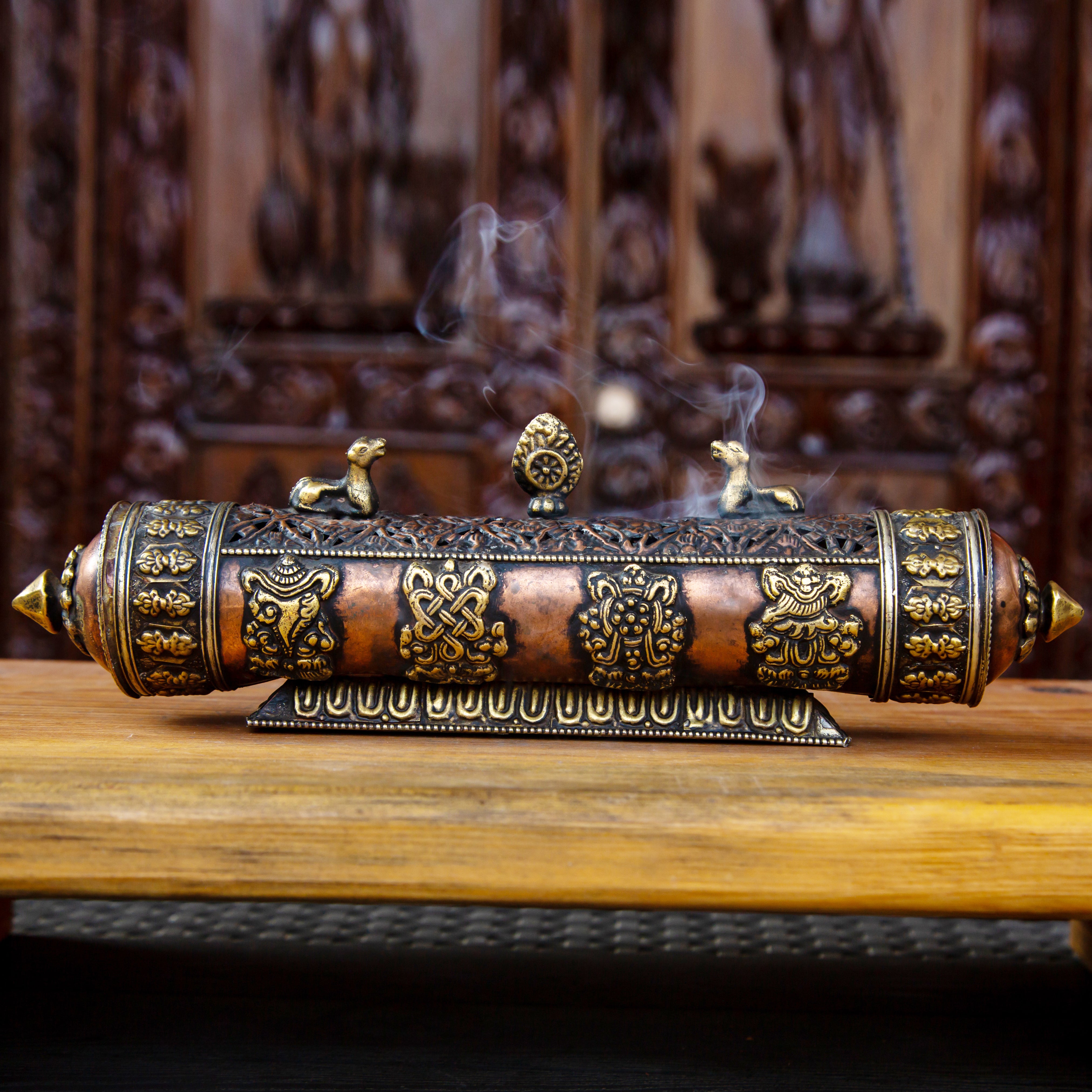 Authentic Copper Astamangal Potala Metal Incense Burner Box - Tibetan Buddhist Ritual & Meditation Essential - Perfect for Home Altar, Yoga Studio, and Spiritual Practice