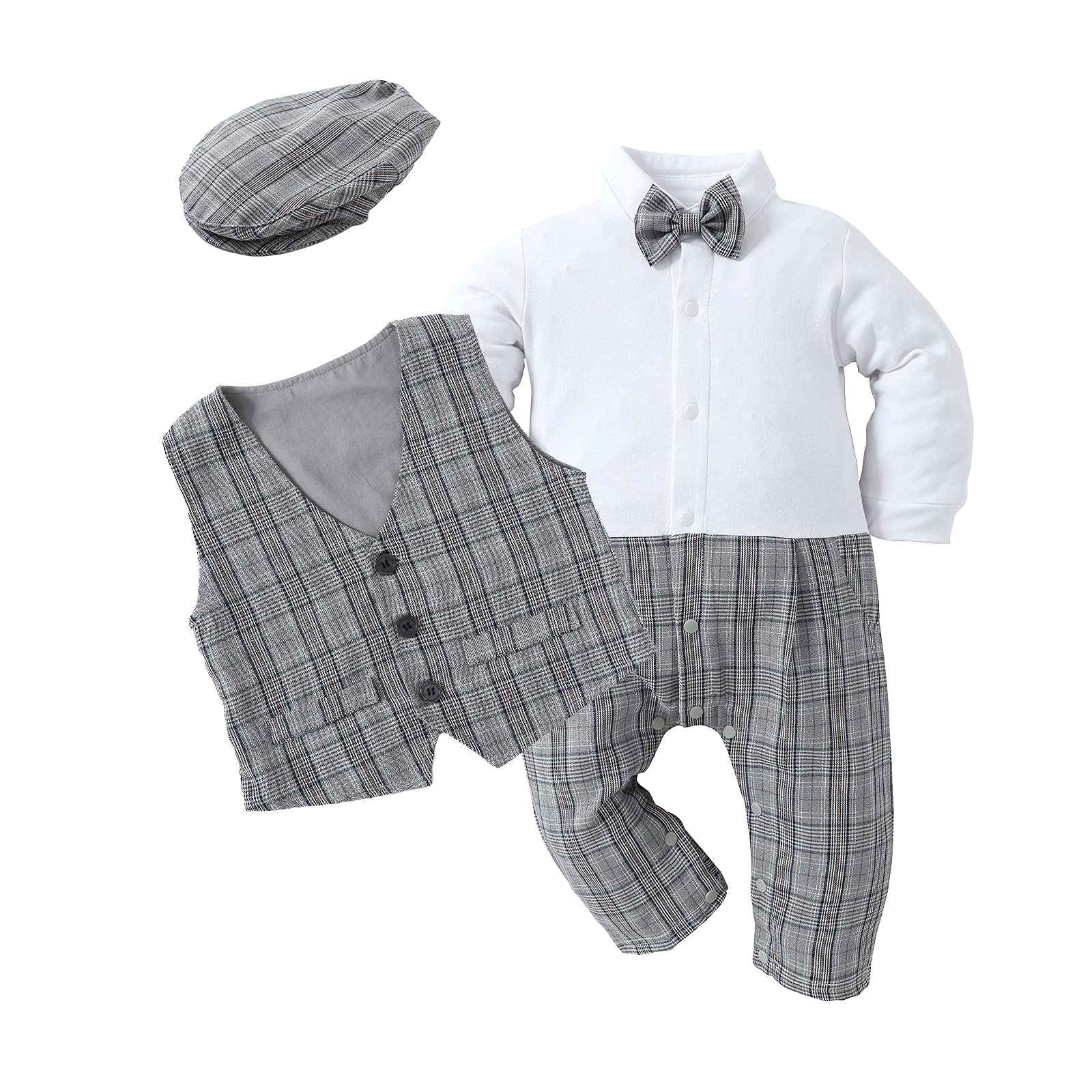 HOSUKKO Baby Boy Suit Set - Formal One-Piece Romper with Vest, Beret & Bow Tie for 0-24 Months | Newborn Photoshoot, Christening, Birthday Party Outfit