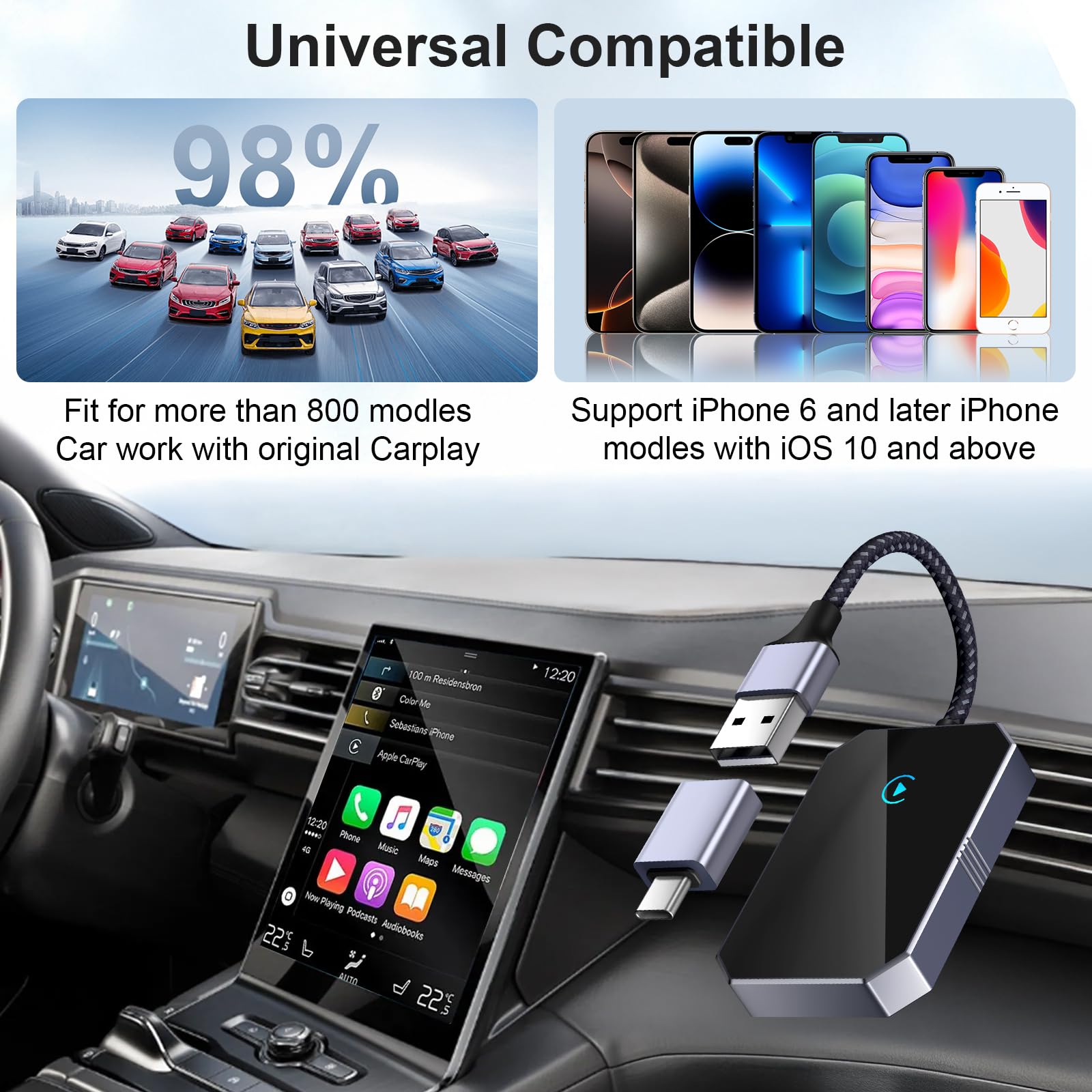 Apple MFi Certified Wireless CarPlay Adapter for iPhone - 2025 Upgraded Wired to Wireless CarPlay Converter | Compatible with iPhone iOS 10+ & Cars from 2015 | Seamless Hands-Free Calling, Music & Navigation for Safer Driving