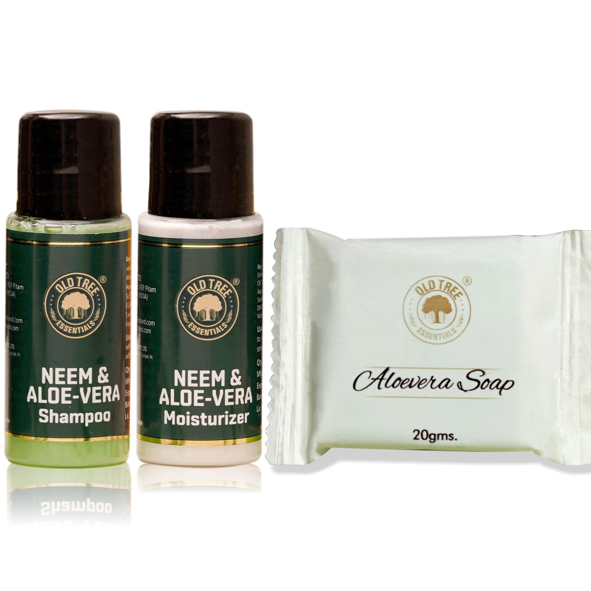 Organic Aloe Vera & Neem Shampoo and Moisturizer Set (20ml each) with Glycerin Soap (20g) - Bulk Hotel Toiletries Kit for Hospitality Industry (50 Sets, 150 Pieces Total) - Perfect for Hotels, Spas, Guest Houses, and Wedding Venues