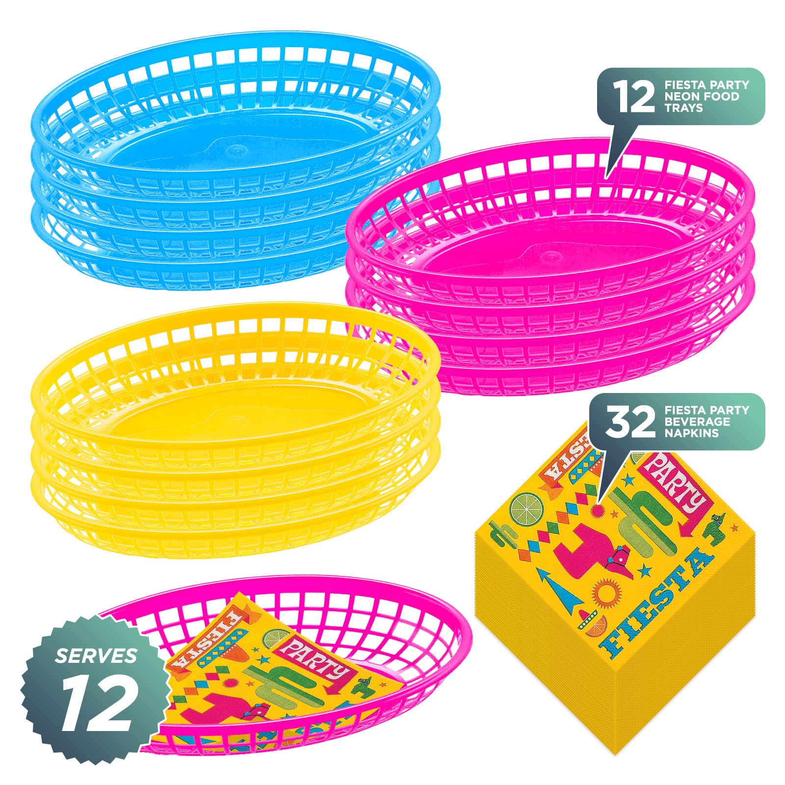 Colorful Fiesta Party Supplies - 12-Pack Plastic Food Trays & Beverage Napkins Set for Appetizers, Tacos, Chips - Perfect for Cinco de Mayo, Birthday Parties & Mexican Theme Events