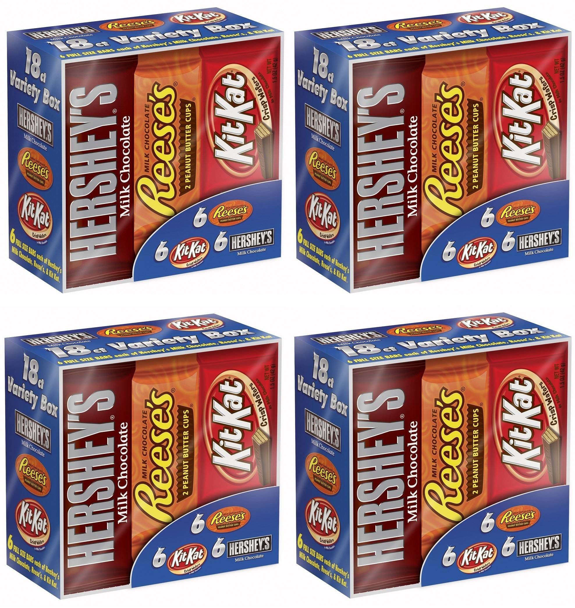 Hershey's Chocolate Candy Bar Variety Pack - 18 Count Box (4 Pack) | Includes HERSHEY'S Milk Chocolate, REESE'S Peanut Butter Cups & KIT KAT Bars | Perfect for Halloween, Christmas Gifts, Office Snacks & Party Favors