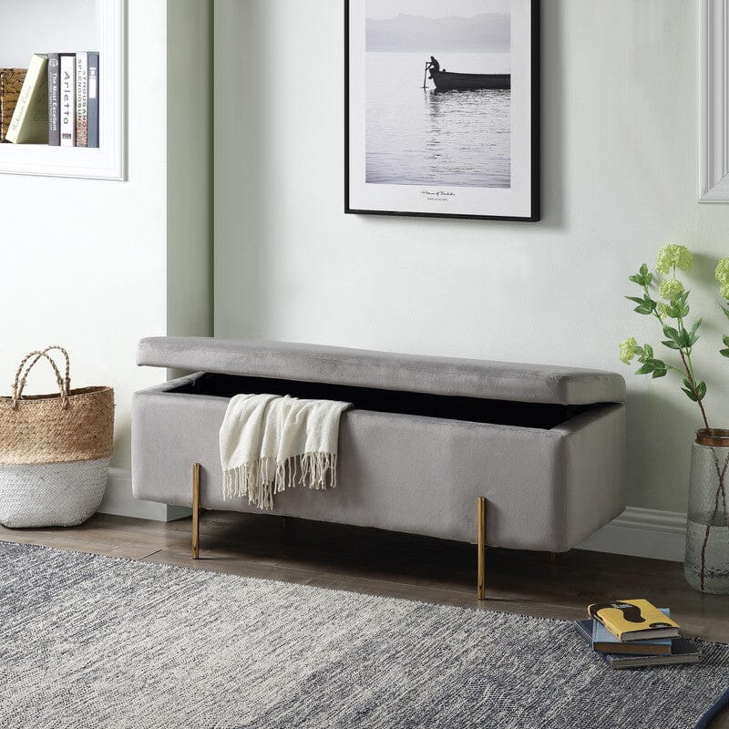 Emma Gray Velvet Storage Bench with Metal Legs - Upholstered Ottoman Seat for Bedroom, Living Room & Entryway - Multi-Functional Footrest and Shoe Storage Organizer