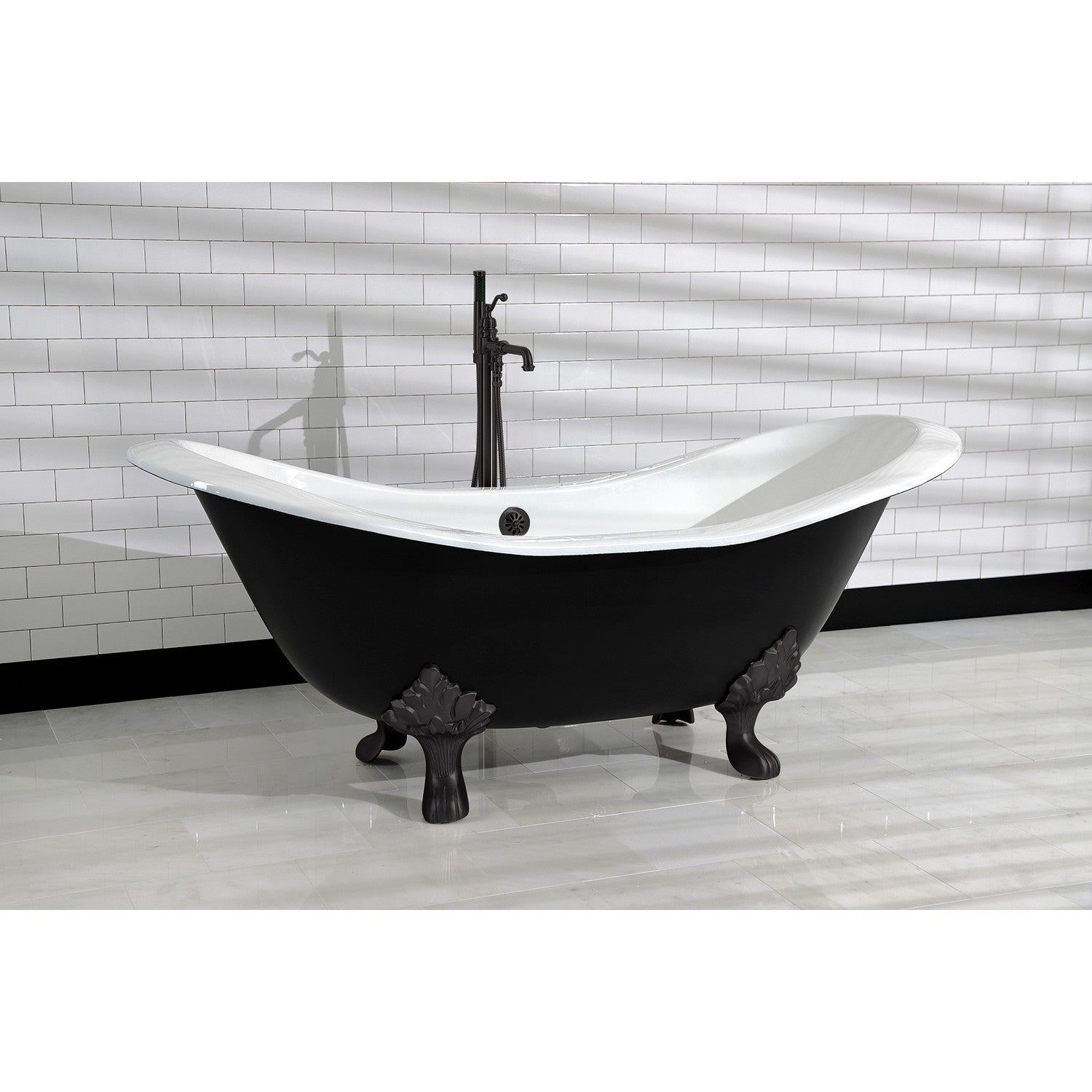 72 Inch White Matte Black Cast Iron Clawfoot Bathtub - Oval Double Slipper Design Without Faucet Drillings | Vintage Bathroom Centerpiece for Luxurious Soaking Experience