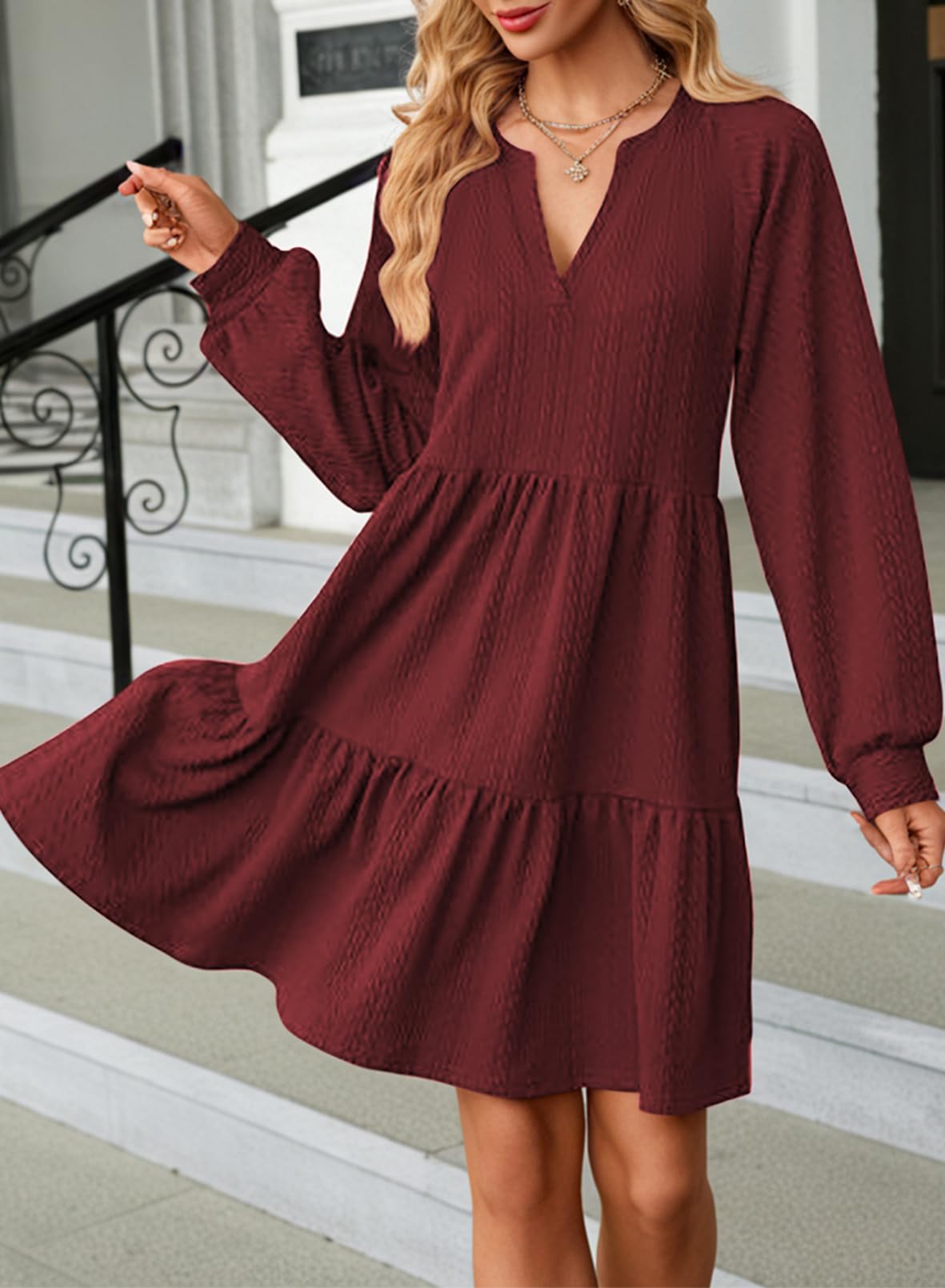 Dokotoo Women's Long Sleeve V-Neck Tiered Ruffle A-Line Mini Dress - Textured Casual Babydoll Swing Dress for Party, Date Night & Spring Outfits