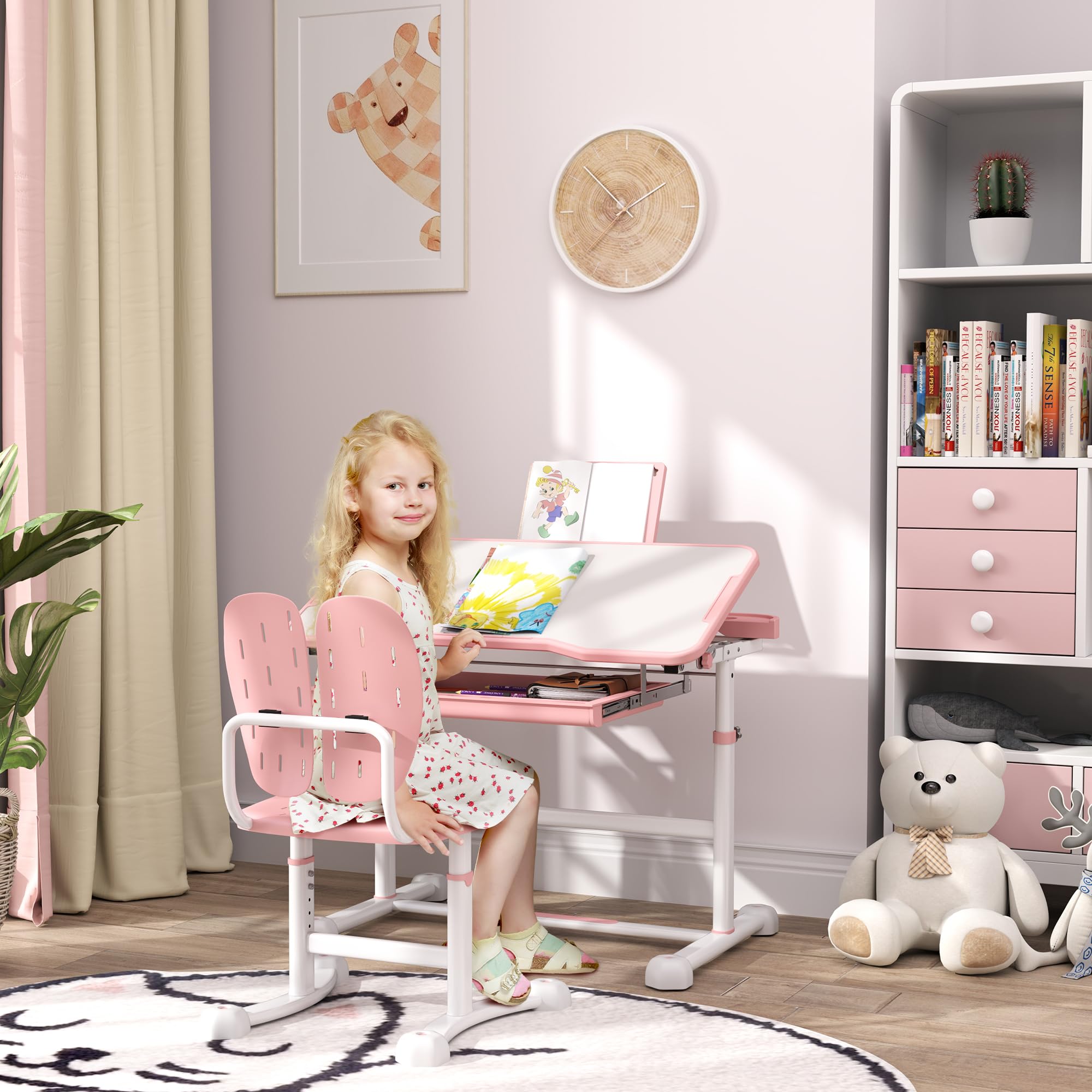 Qaba Adjustable Kids Desk and Chair Set with Storage Drawer & Book Stand - Ergonomic Study Desk for Writing, Reading, Drawing - Perfect for Homeschooling & Online Learning (Pink)