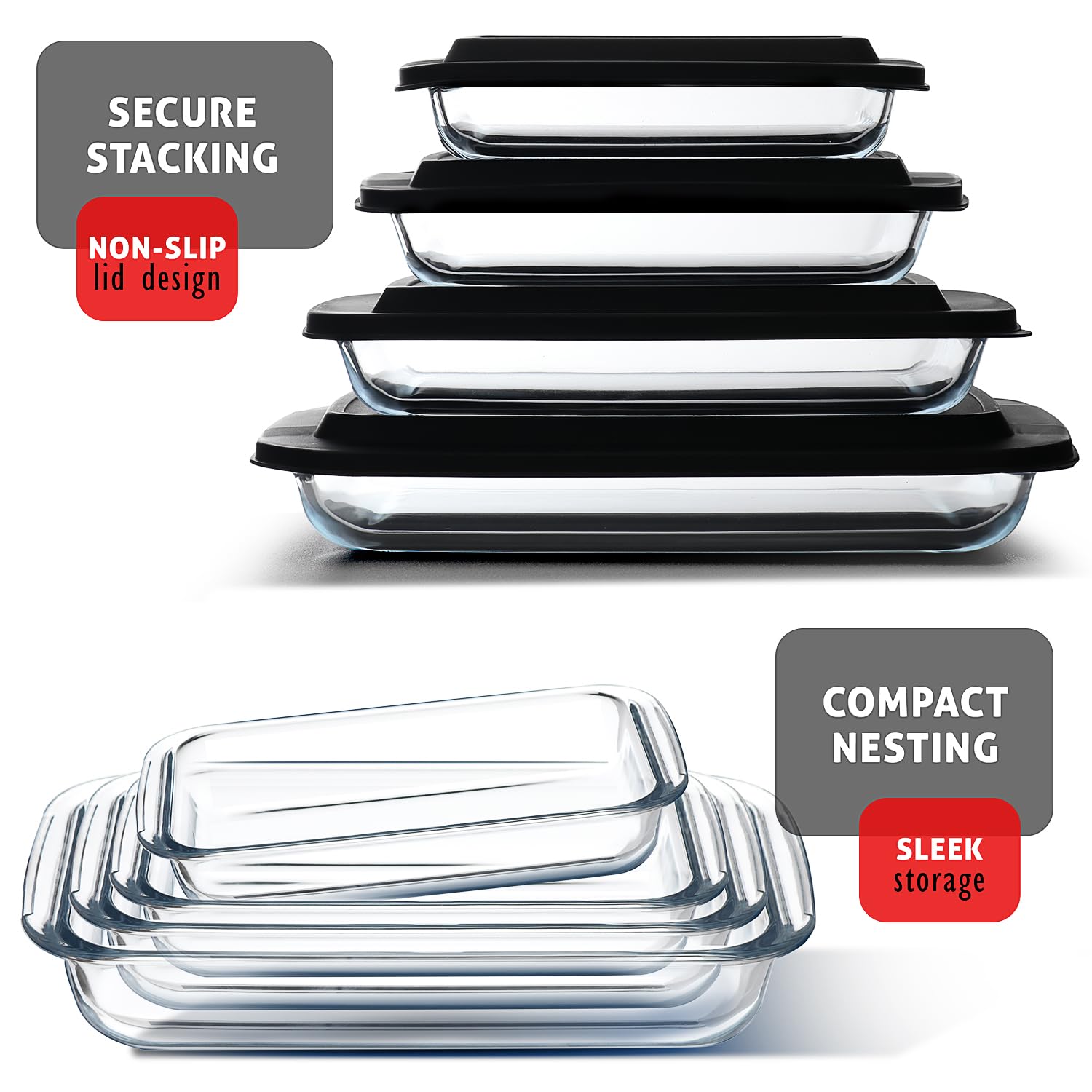 Eatex 8-Piece Oven Safe Glass Casserole Dish Set with Plastic Lids - Rectangular Baking Pans for Lasagna, Cooking, Meal Prep & Leftovers - Freezer to Oven & Dishwasher Safe - Perfect for Family Dinners, Holiday Baking & Meal Storage