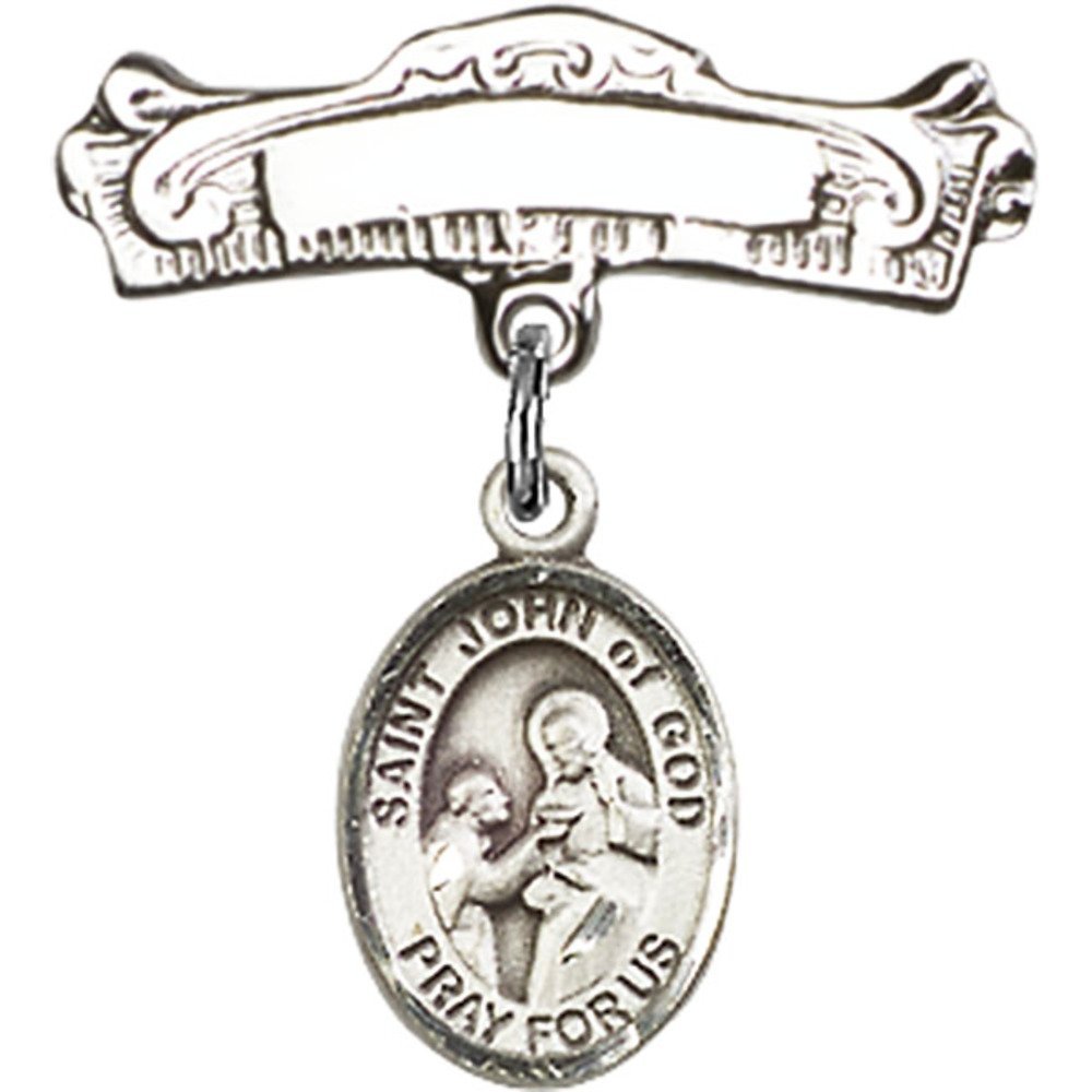 Sterling Silver Baby Badge with St. John of God Charm - 7/8 X 7/8 Inch Arched Polished Pin - Perfect for Christening Gifts, Baby Blessings & Religious Ceremonies