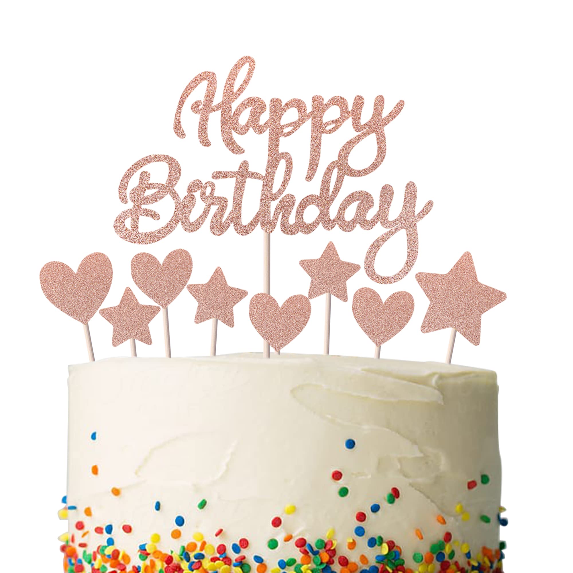 Rsstarxi 9 Pack Glitter Heart Star Cupcake Toppers - Rose Gold Birthday Cake Decorations for Baby Showers, Kids & Birthday Parties | Perfect for Cakes, Cupcakes & Dessert Displays
