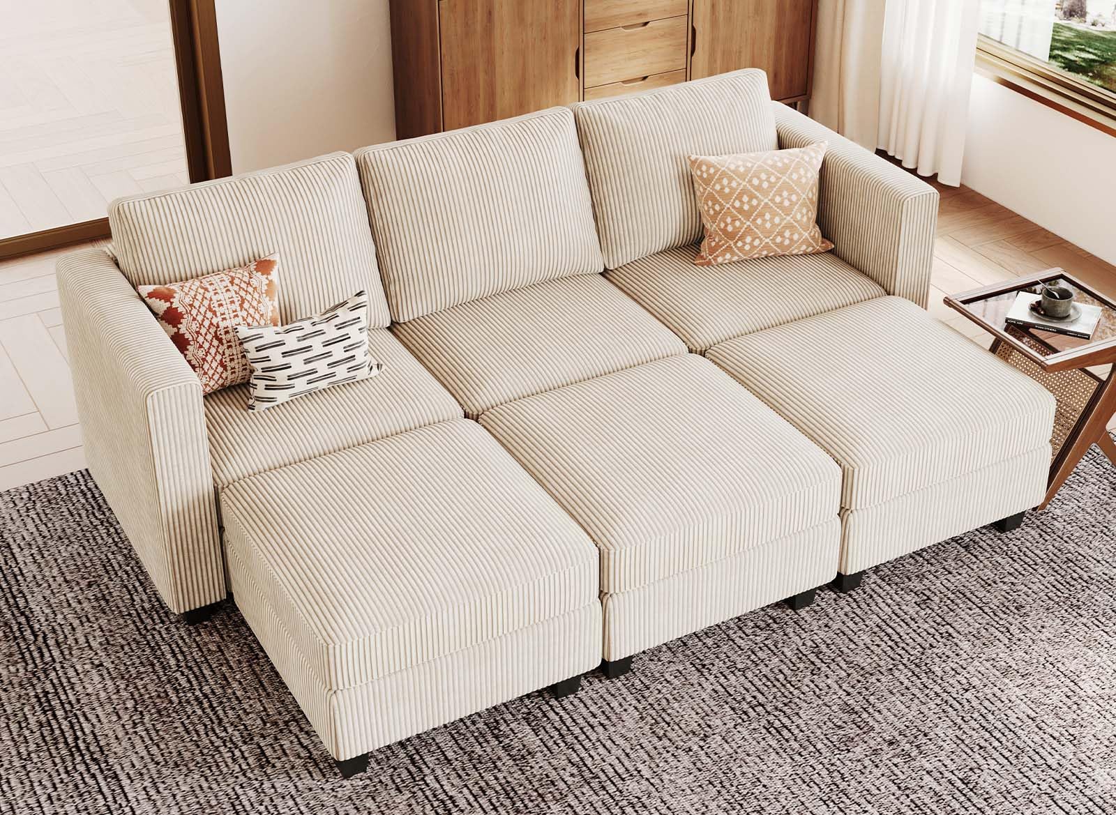Belffin Corduroy Modular Sectional Sleeper Sofa with Storage Ottoman & Chaise - Convertible Modern Living Room Couch in Beige | Perfect for Small Spaces, Apartments & Family Gatherings