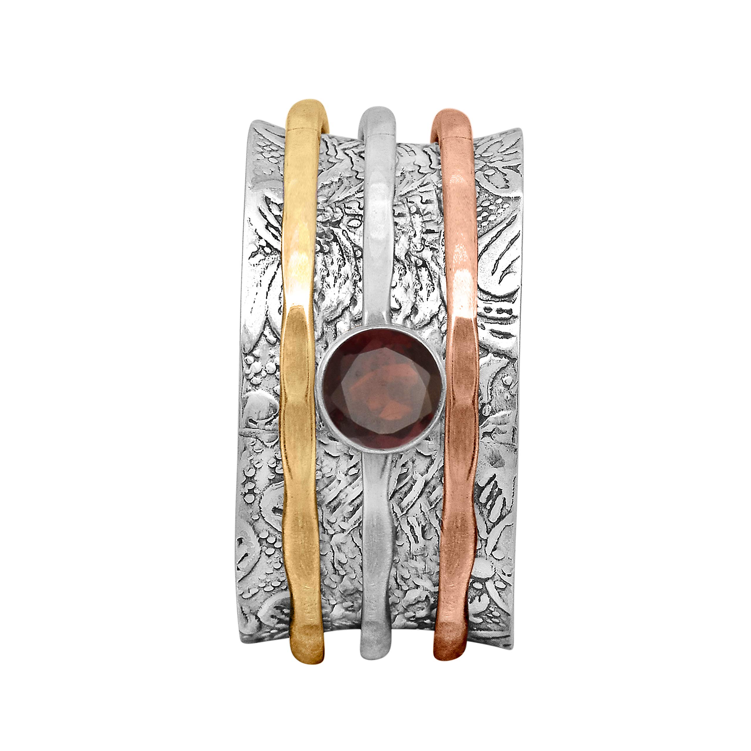 Garnet Gemstone Spinner Ring - Two Tone 925 Sterling Silver Meditation & Fidget Ring for Stress Relief, Anxiety Relief & Focus - Perfect for ADHD, Meditation & Everyday Wear