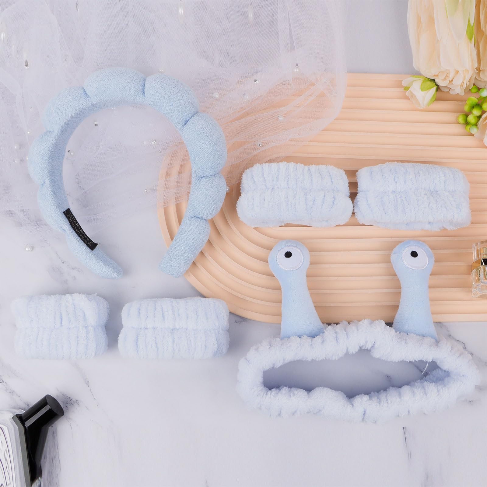 6Pcs Blue Spa Headbands & Wristbands Set - Soft Terry Cloth Face Wash Headband & Makeup Headband for Women, Gentle Skincare Hair Bands & Wrist Towels - Perfect for Facial Cleansing, Spa Days & At-Home Beauty Routines