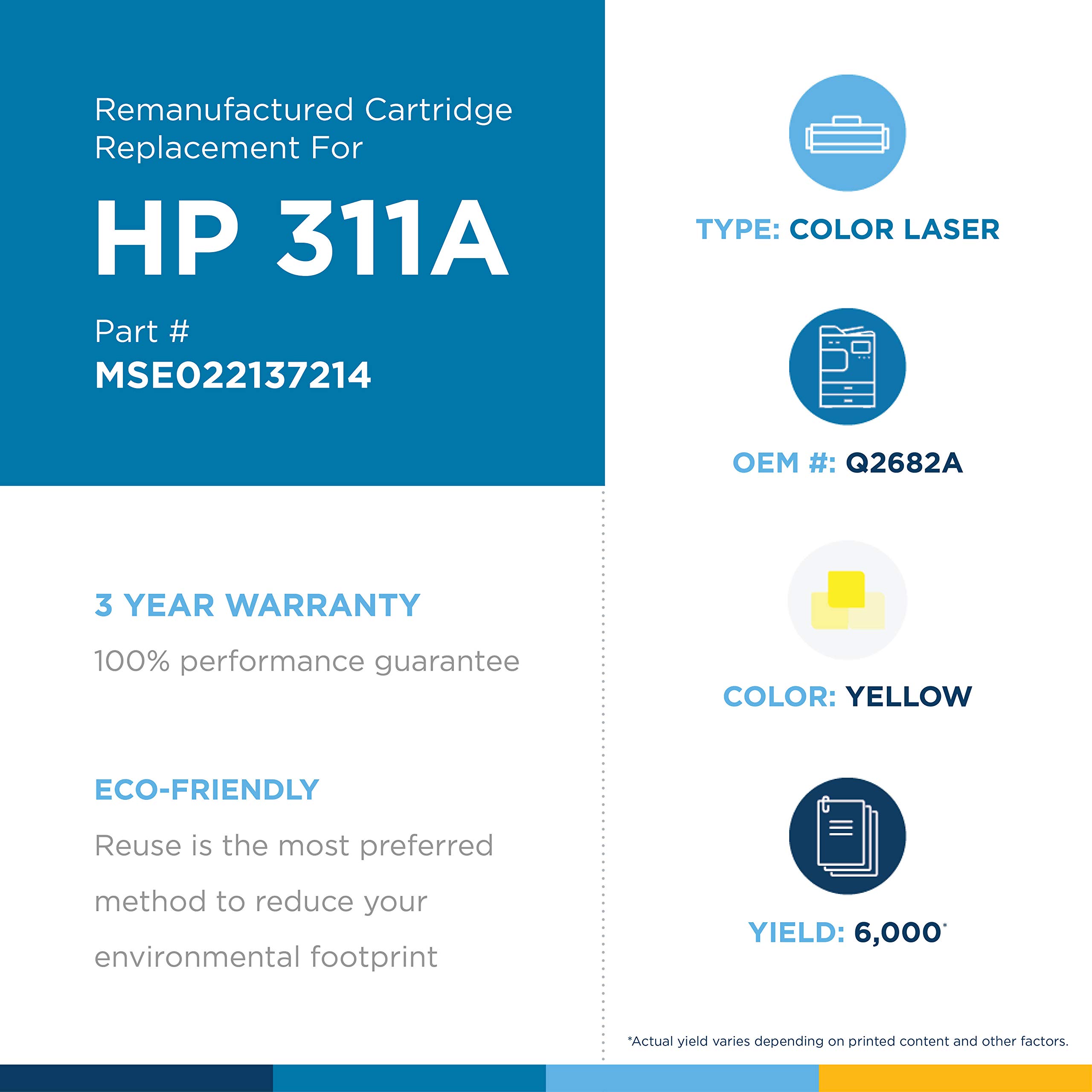 MSE Remanufactured Toner Cartridge Replacement for HP Q2682A (HP 311A) - Yellow | High-Quality Compatible Ink for HP Printers | Perfect for Home Office & Small Business Printing Needs