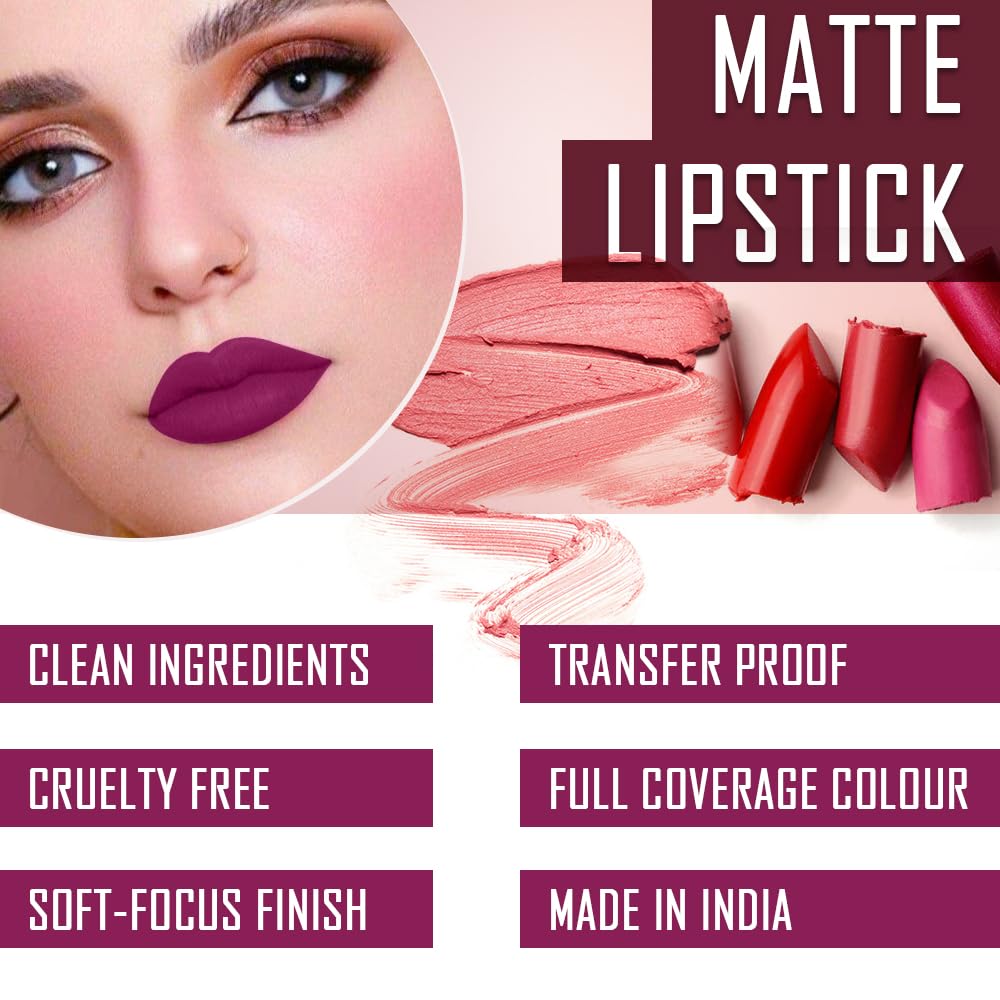 Cremy Matte Stick Lipstick with Jojoba Oil & Vitamin E - 4 Colors Set (Rose Magenta, Pink Fusion, Caramel, Velvet Orange) - 3.5g Each - Long Lasting & Moisturizing - Perfect for Daily Wear, Parties & Special Occasions