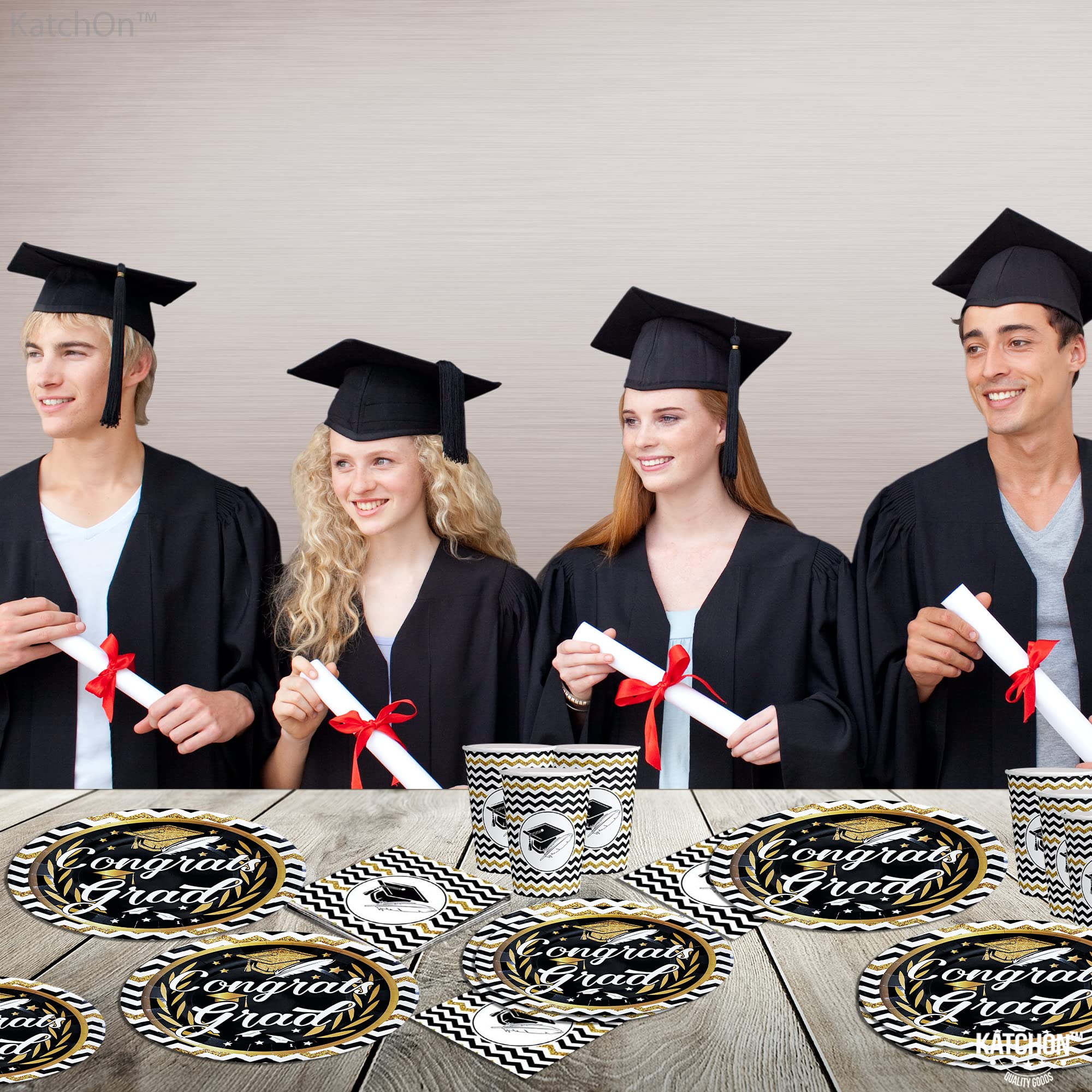 KatchOn 2025 Graduation Party Plates & Napkins Set - 44-Pack Black & Gold Congrats Grad Decorations for Commencement Celebrations | Perfect for Graduation Ceremonies, Open Houses & Senior Parties