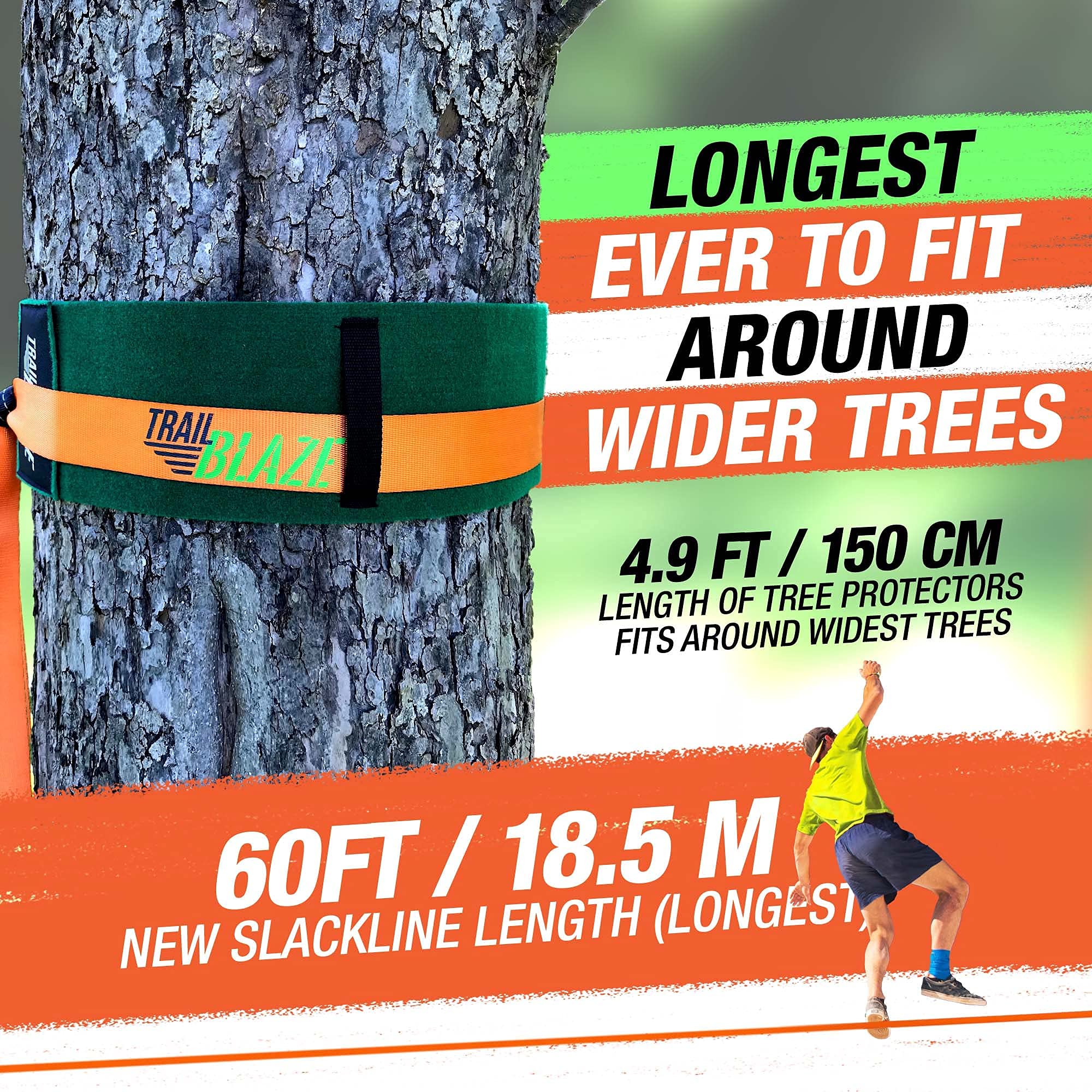 60ft Complete Slackline Kit with Wider Tree Protectors - Backyard Training, Outdoor Fitness & Adventure Activities for Kids & Adults