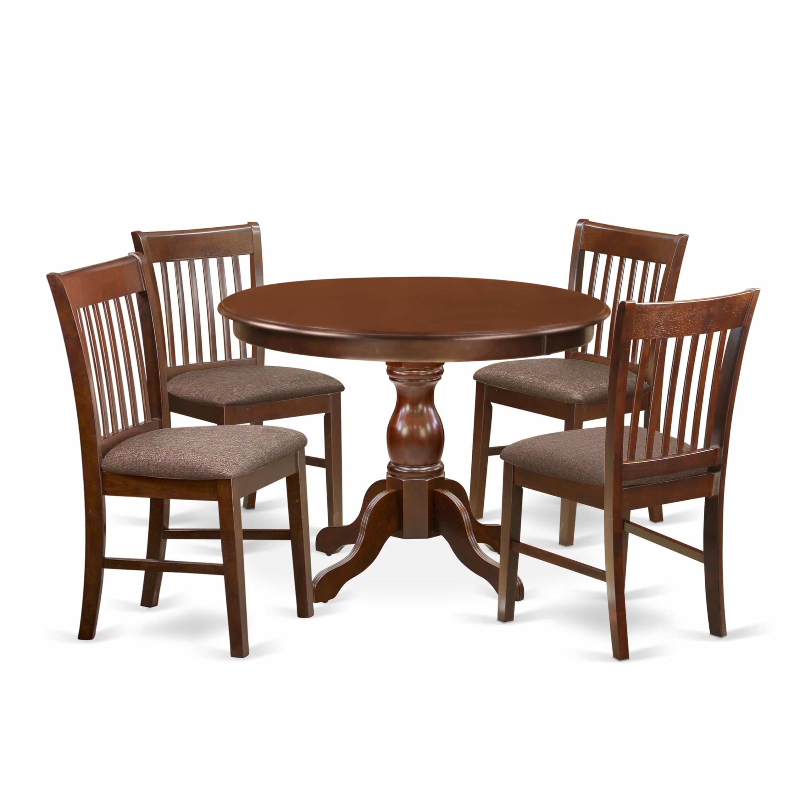 East West Furniture HBNF5-MAH-C 5-Piece Round Dining Table Set for 4 with Pedestal Base & 4 Linen Fabric Chairs, 42x42 Inch, Mahogany - Perfect for Small Kitchens, Breakfast Nooks & Cozy Dining Rooms