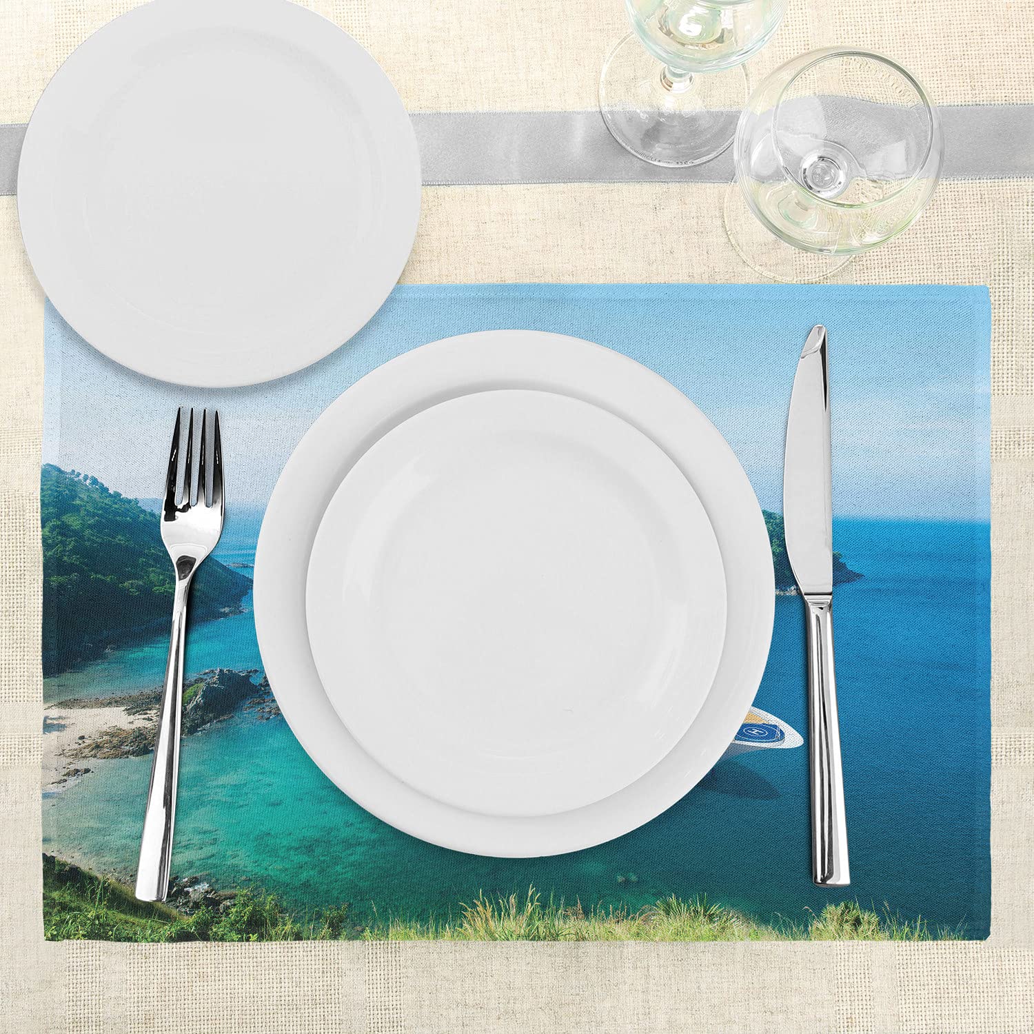Ambesonne Cruise Ship Place Mats Set of 4 - Ocean Passenger Ship with Clear Blue Sky Summer Vacation Design - Washable Fabric Dining Table Placemats - Standard Size (Green Blue White) - Perfect for Cruise-Themed Parties, Summer Dining Decor, and Nautical Home Decor