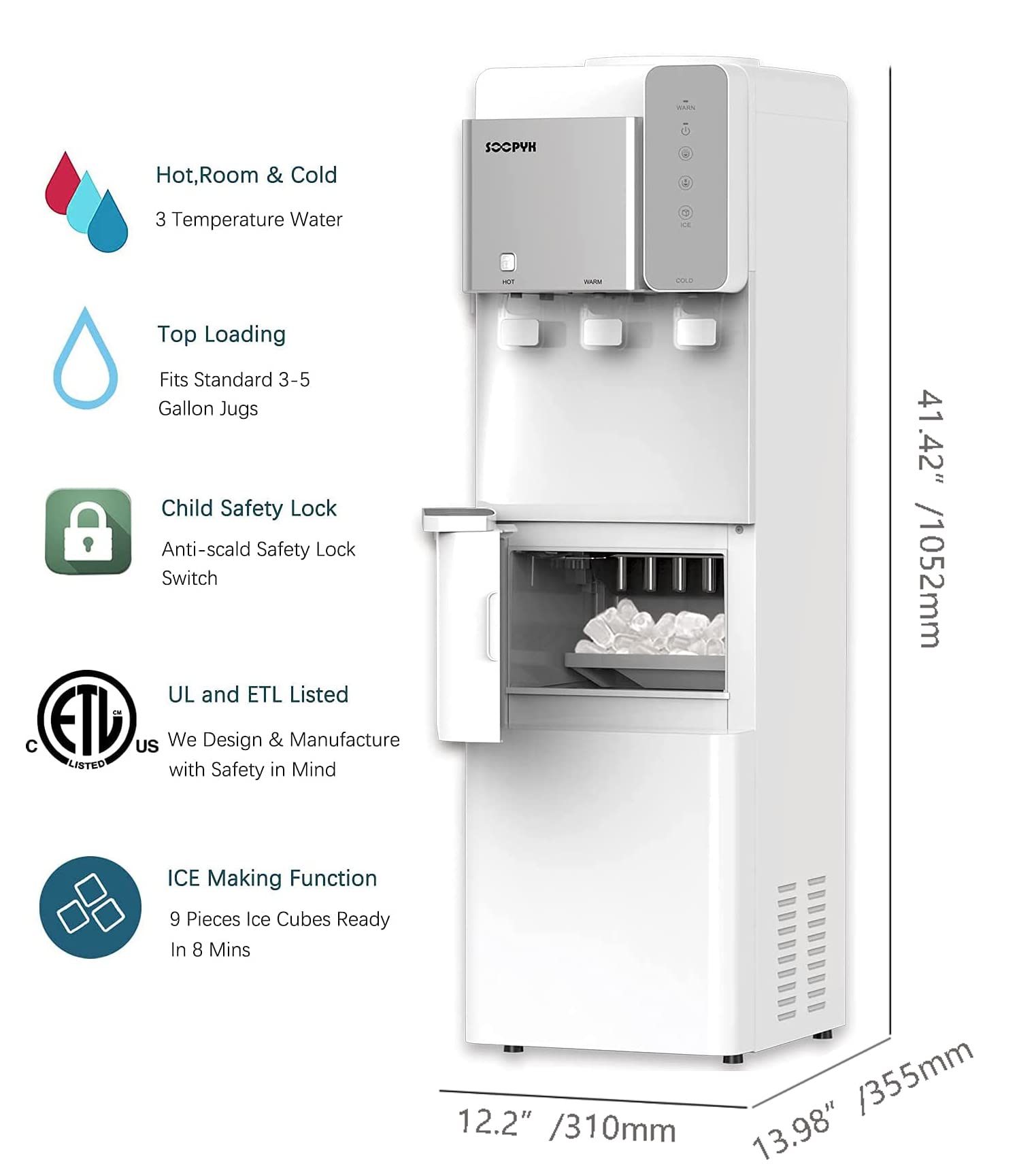 Top Loading Water Cooler Dispenser with Ice Maker - 3/5 Gallon Capacity, 3 Temperature Settings, 27 lbs Ice Production in 24 Hours, Makes 9 Ice Cubes Every 5-7 Minutes (White) - Perfect for Offices, Homes, and Commercial Spaces