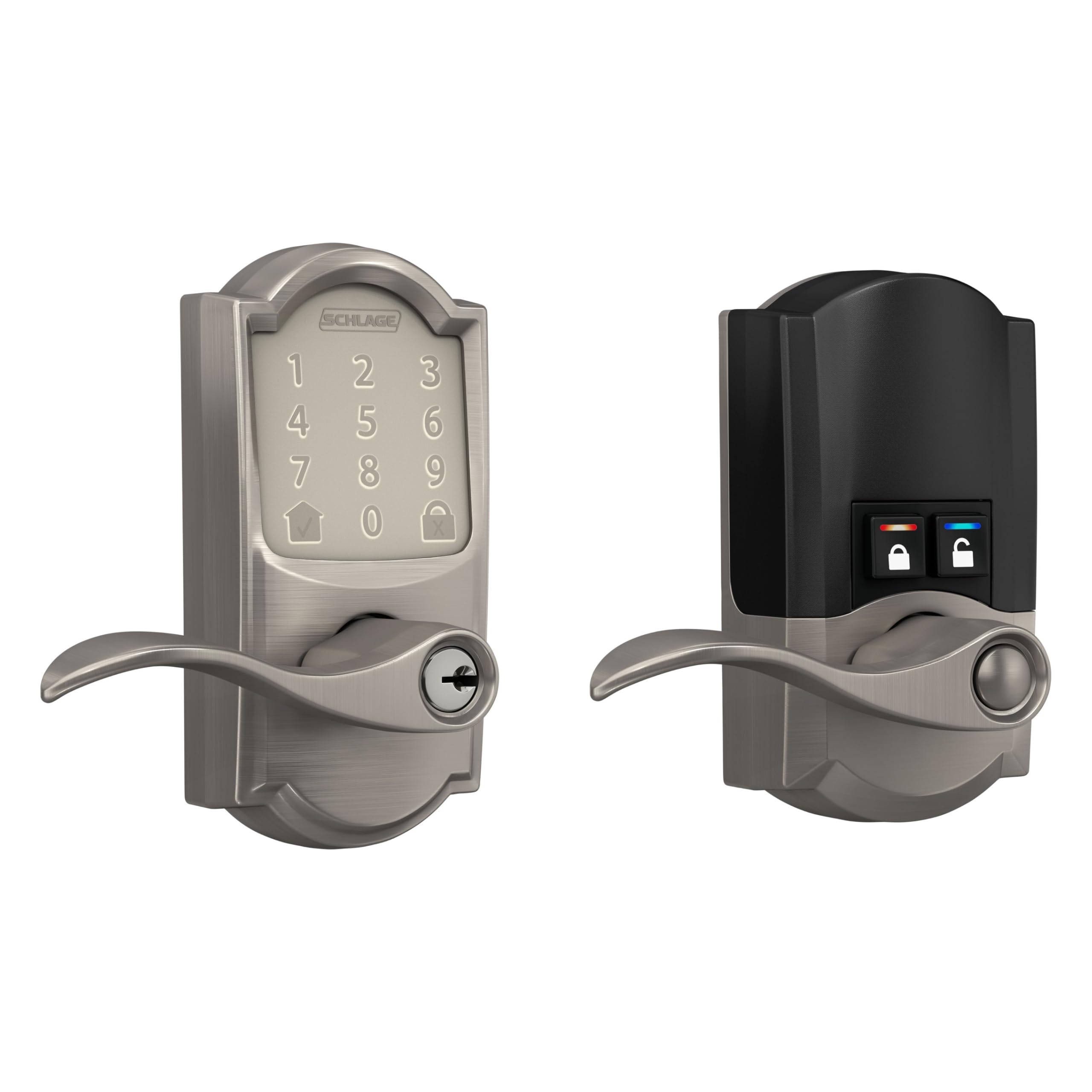 Schlage FE789WB CAM 619 Accent Lever Smart Lock with WiFi - Keyless Touchscreen Entry Door Lock, Camelot Trim in Satin Nickel Finish - Perfect for Smart Homes, Vacation Rentals & Front Door Security