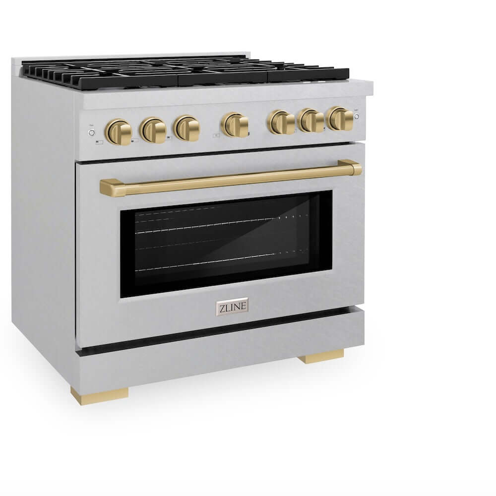 ZLINE Autograph Edition 36-inch 5.2 cu. ft. Paramount Gas Range with 6 Burner Cooktop & Convection Gas Oven - Satin Stainless Steel with Champagne Bronze Accents (SGRSZ 36 CB) - Perfect for Professional Home Chefs & Modern Kitchens