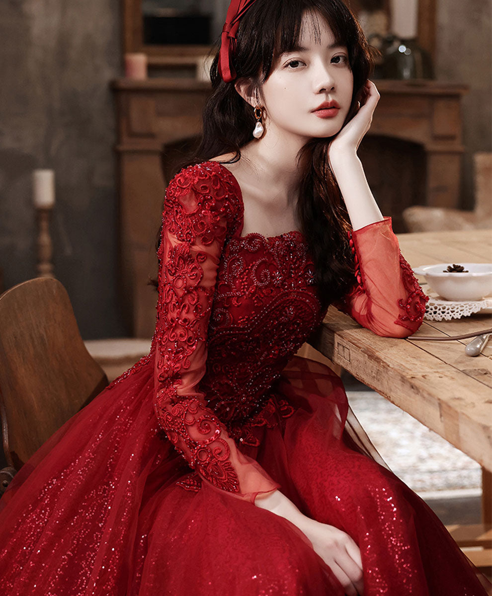 Elegant Burgundy A-Line Lace Prom Dress with Tulle Skirt - Formal Graduation Gown for Women - Perfect for Prom Night, Homecoming, and Special Occasions