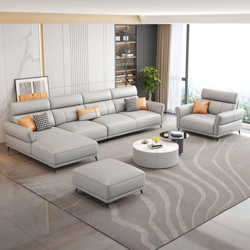 L-Shaped Pine Wood Reclining Sofa in Tangerine Orange - Left Facing Sectional Couch for Living Room, Lounge & Home Theater Comfort