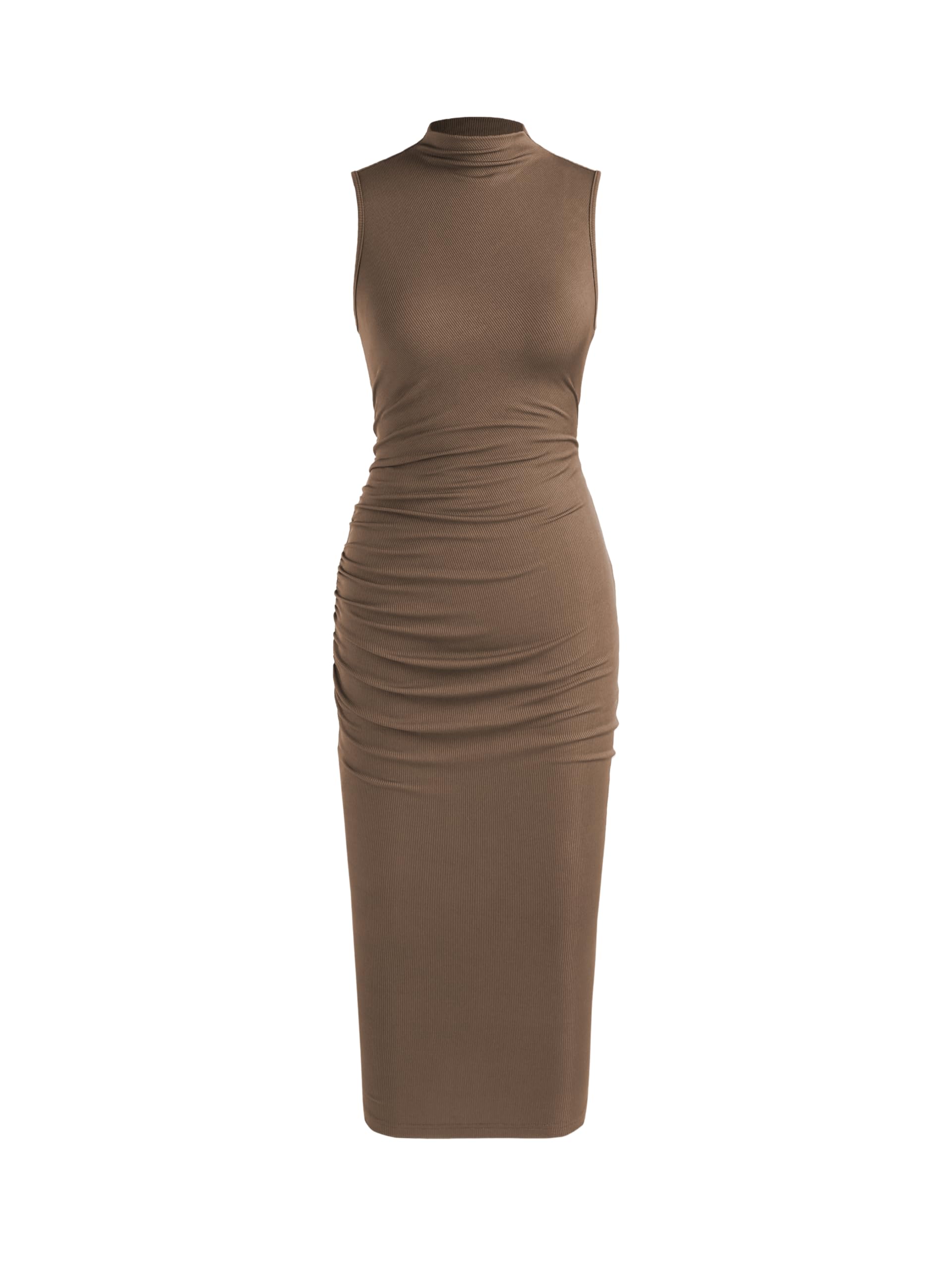 Women's High Neck Sleeveless Bodycon Ruched Cocktail Party Midi Dress - Elegant CIDER Work Dress for Office, Night Out & Special Occasions