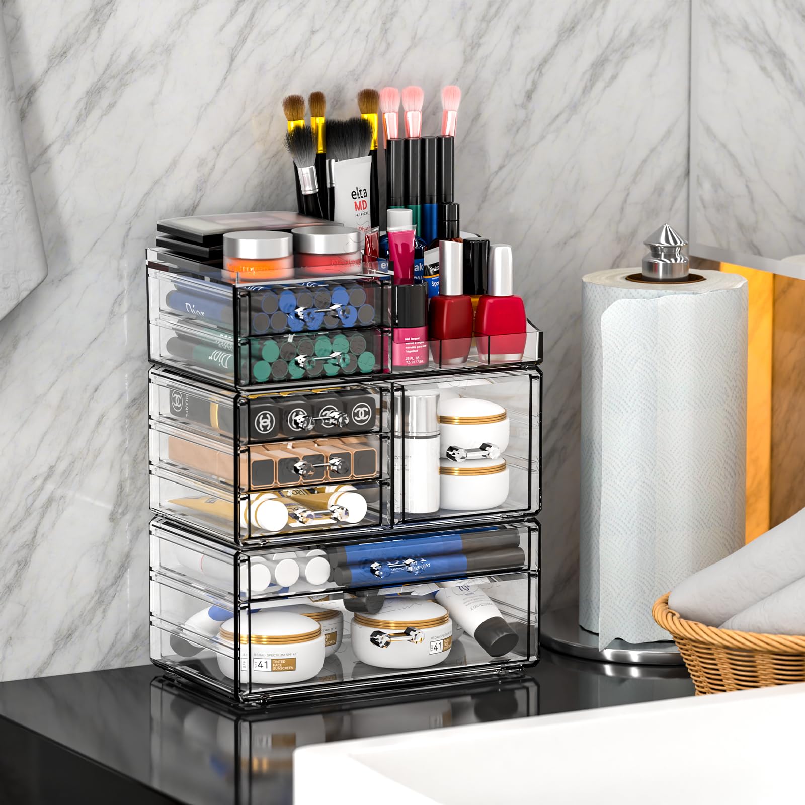 8-Drawer Clear Acrylic Makeup Organizer & Storage Case - Stackable Cosmetic Display Stand for Jewelry, Hair Accessories & Skincare Products | Perfect for Vanity, Bathroom & Dressing Table Organization