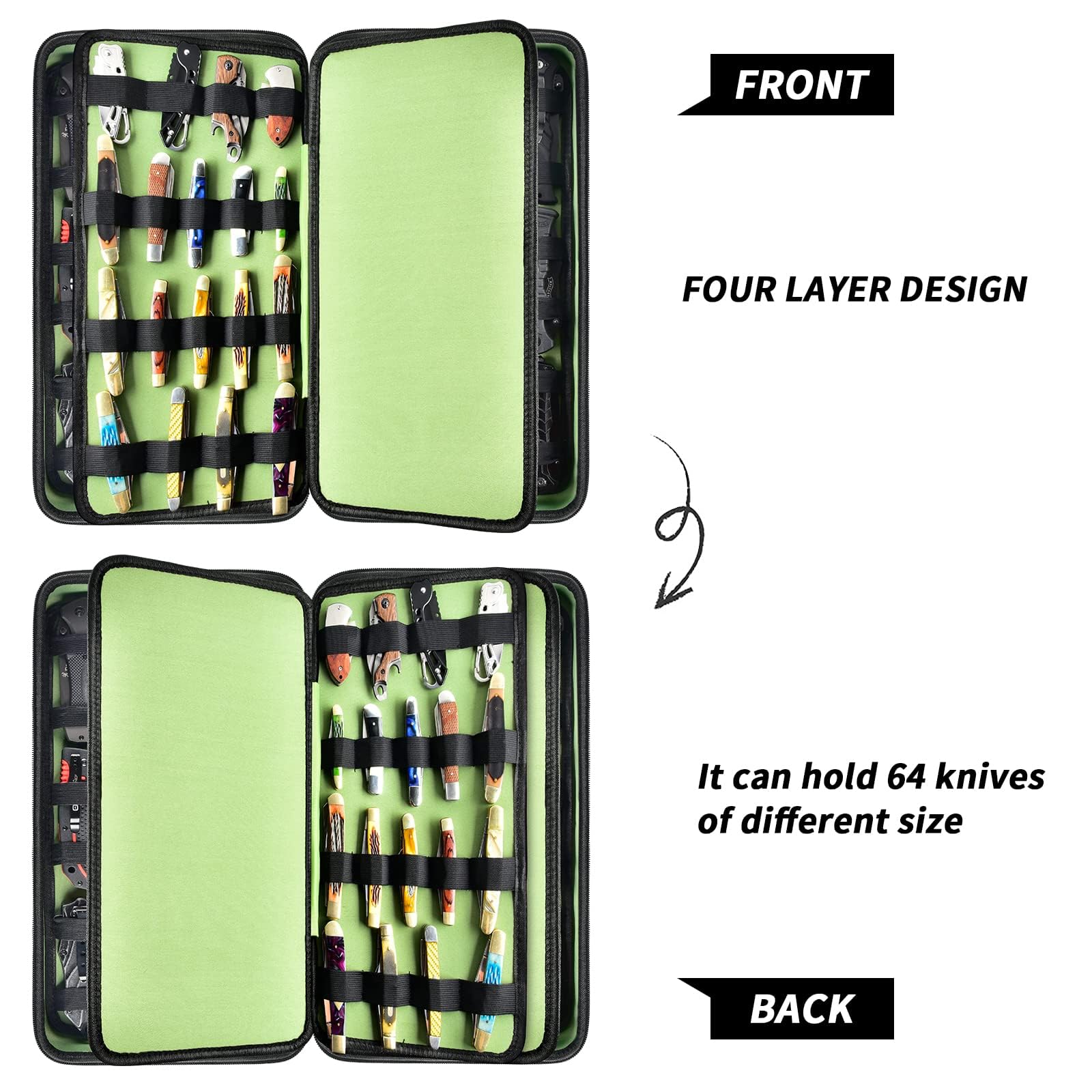 66+ Pocket Knives Display Case - Folding Knife Holder & Butterfly Knife Storage Organizer | Tactical Roll Collection Pouch for EDC, Survival & Outdoor Use | Compact Knife Carrier Bag in Green