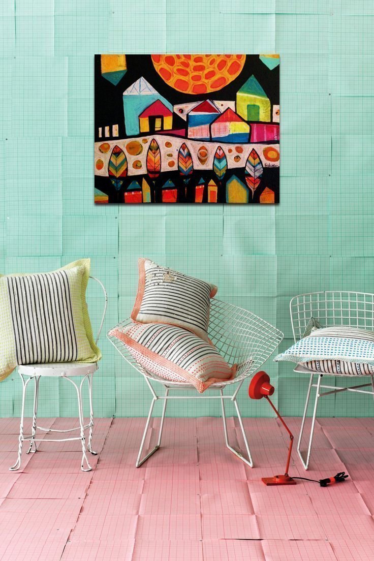 Primitive Modern Abstract Landscape Painting - Original Art by Karen Hickerson - Vibrant Houses, Village, Moon & Feathers - FREE SHIPPING | Perfect for Boho Home Decor, Living Room Wall Art & Unique Gift Ideas