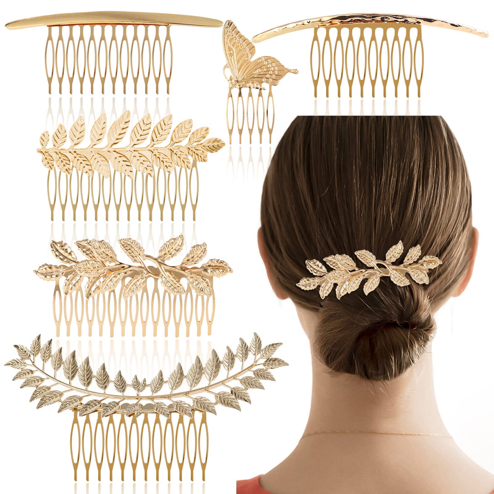 6 Pack Vintage Metal Hair Side Combs for Women & Girls - Gold Leaf Decorative French Twist Hair Clips with Teeth Grip - Perfect for Bridal Wedding, Prom, Vintage Hairstyles & Special Occasion Hair Accessories