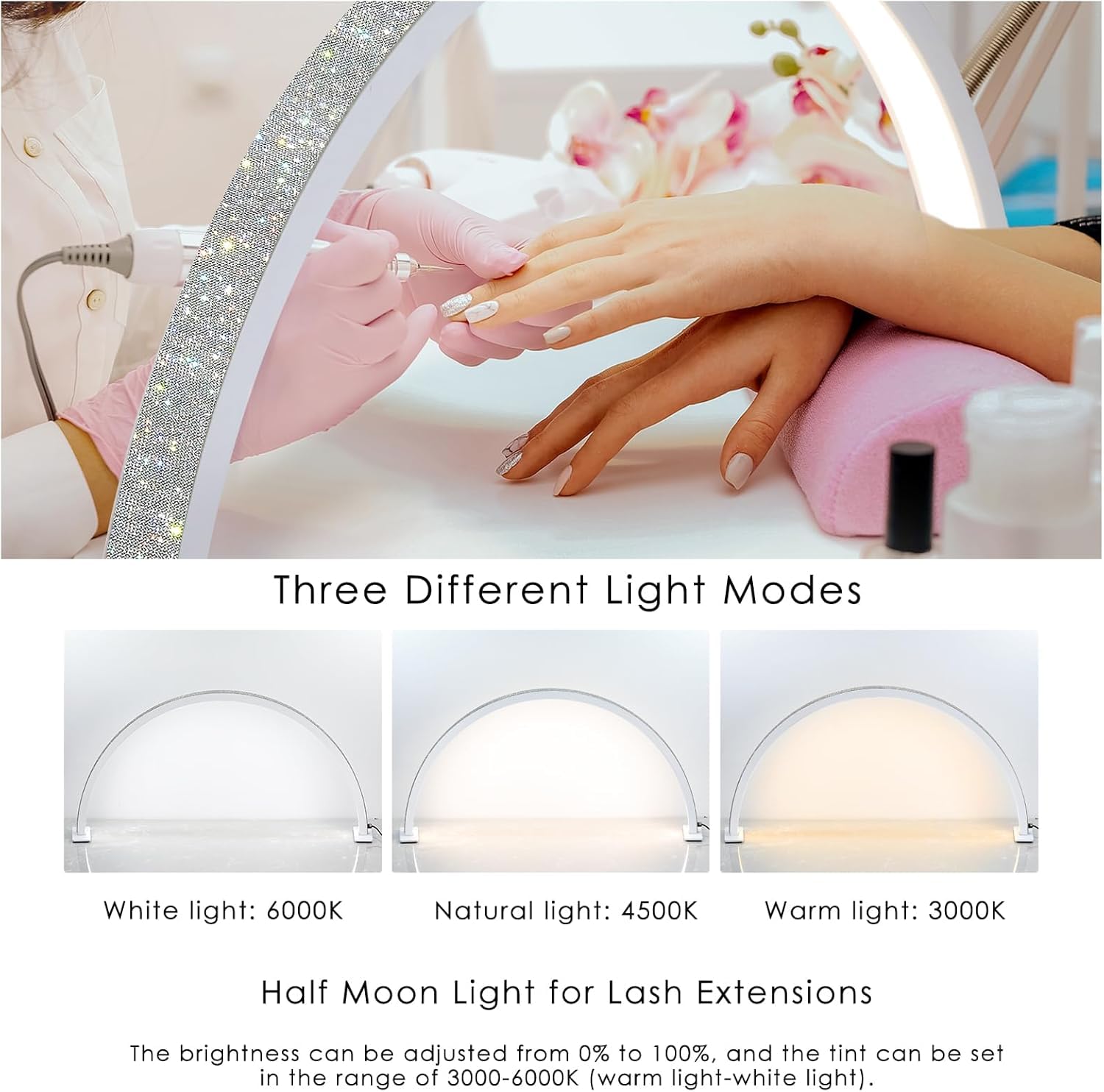 Professional 34W LED Half Moon Light for Nail Desk - 3 Lighting Modes, White - Perfect for Manicure Technicians & Salon Lighting Solutions