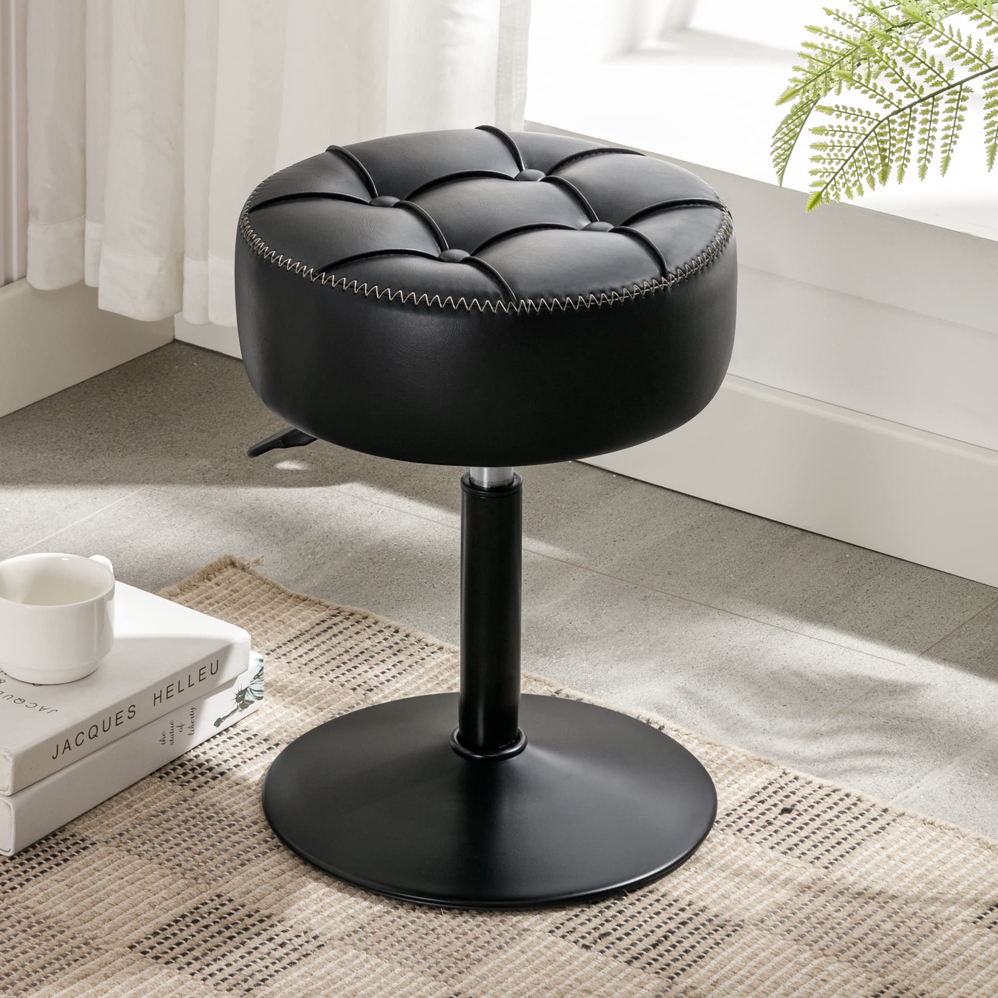 LUE BONA Adjustable Vanity Stool with 360° Swivel - Small Faux Leather Makeup Chair for Bathroom, Living Room & Dressing Room - Black Vanity Stool for Women's Makeup Station, Bedroom & Home Decor
