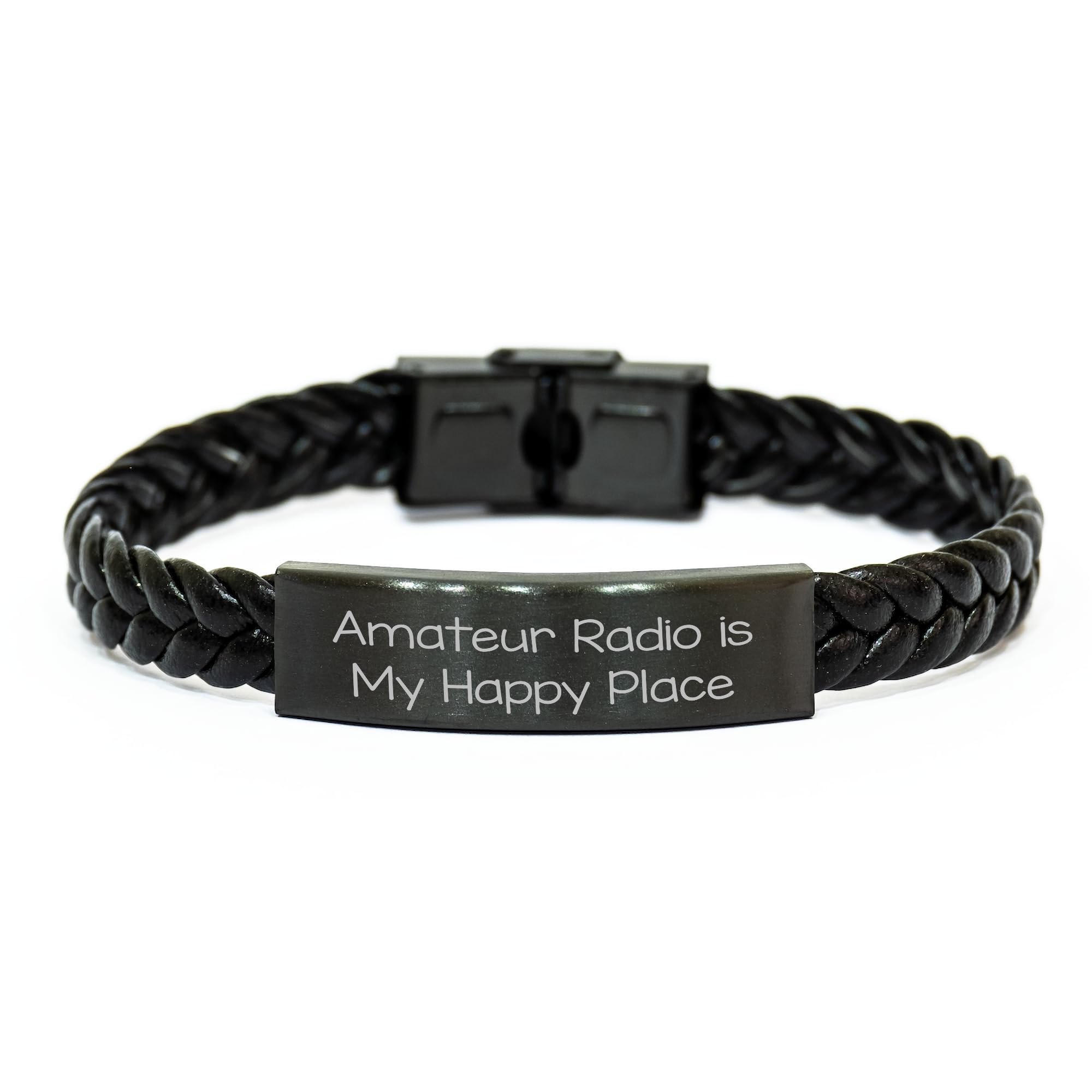 Handmade Braided Leather Bracelet for Ham Radio Operators - Engraved Stainless Steel Plate - 7.87