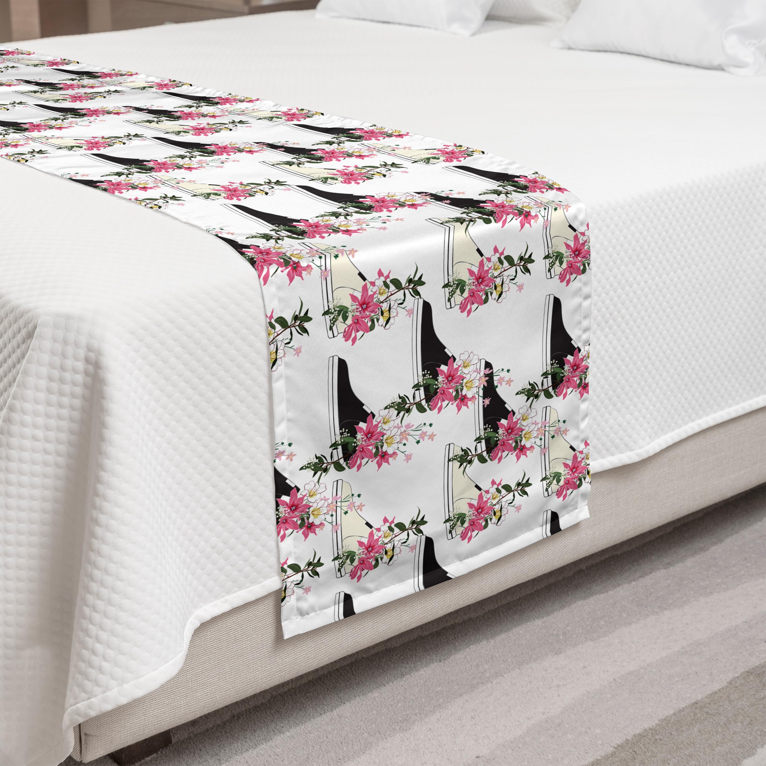 Ambesonne Floral Bed Runner - Decorative Queen Size Bed Scarf with Fashion Flower Sneaker Pot Design on Plain Background | Perfect for Hotels, Homes & Guestrooms | Adds Elegance to Bedroom Decor