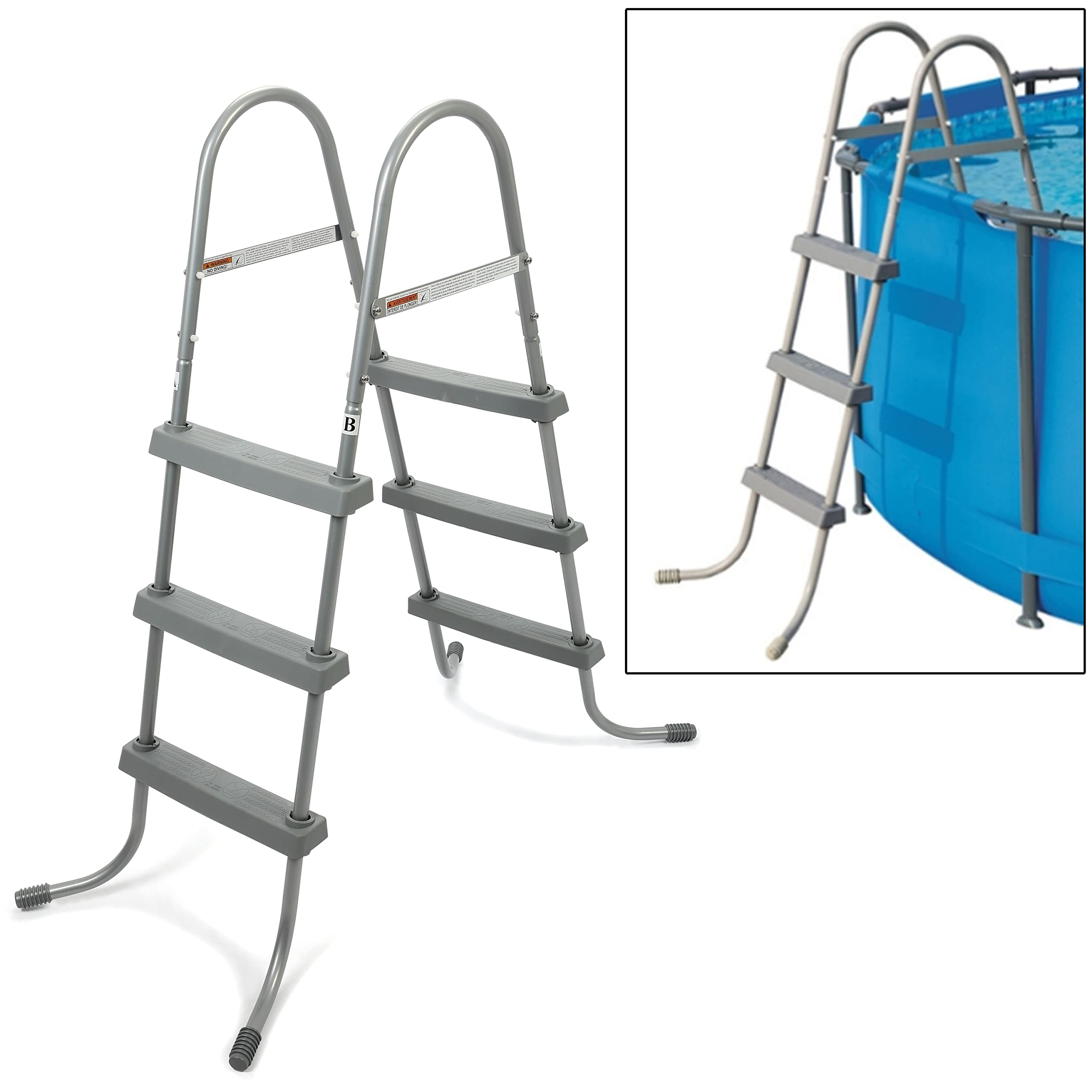 36 Inch Steel Above Ground Swimming Pool Ladder with 3 Removable Non-Slip Plastic Steps - Heavy Duty Grey Pool Accessories for Inground & Outdoor Pools, Perfect for Backyard, Deck or Patio Use
