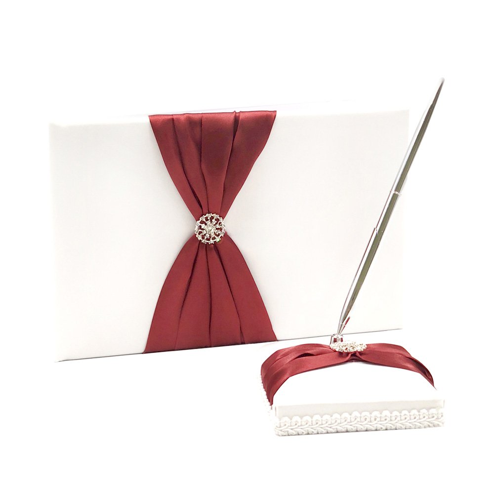 Elegant Burgundy Wedding Guest Book Set with Pen Stand & Rhinestone Sign Pen - Perfect for Bridal Showers, Receptions & Anniversary Parties