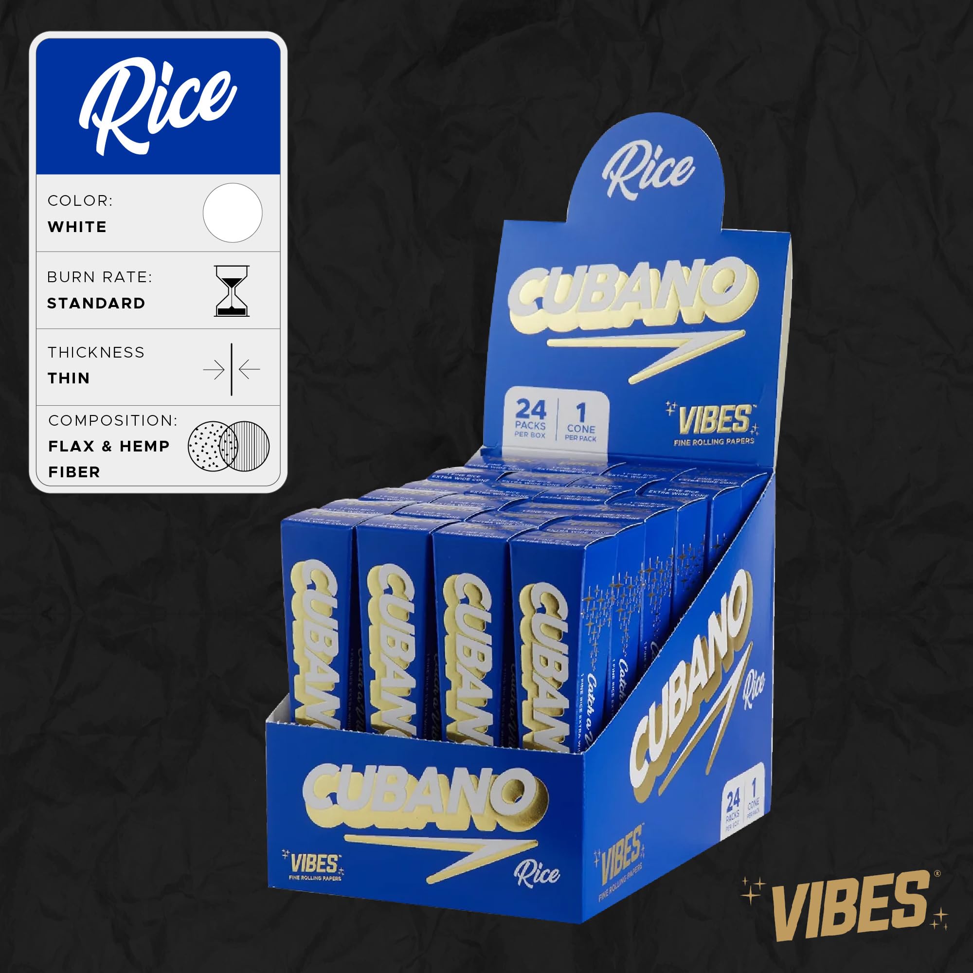 Premium Vibes Cubano Cones - 24 Pack Natural Rice Paper Pre-Rolled Cones (8g+ Each) | Slow Burning with Acacia Gum | No Calcium Carbonate | Perfect for Relaxation, Social Gatherings & Extended Smoking Sessions