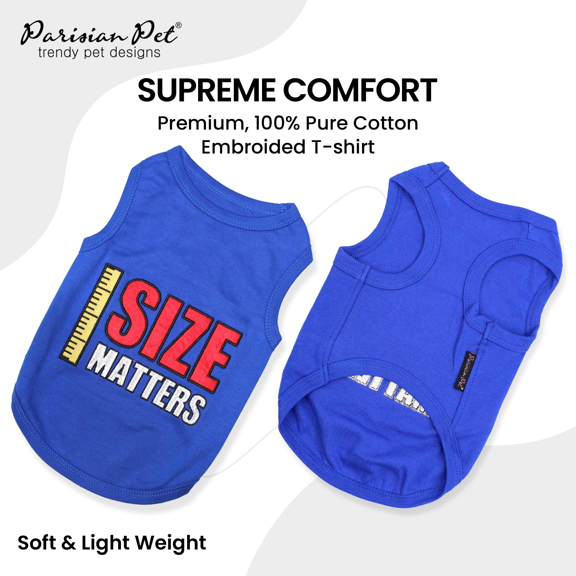 Parisian Pet Dog T-Shirt - Embroidered 'Size Matters' Cotton Sleeveless Tee - Lightweight & Machine Washable Dog Clothes for Medium Breeds - Perfect for Summer Walks & Outdoor Adventures