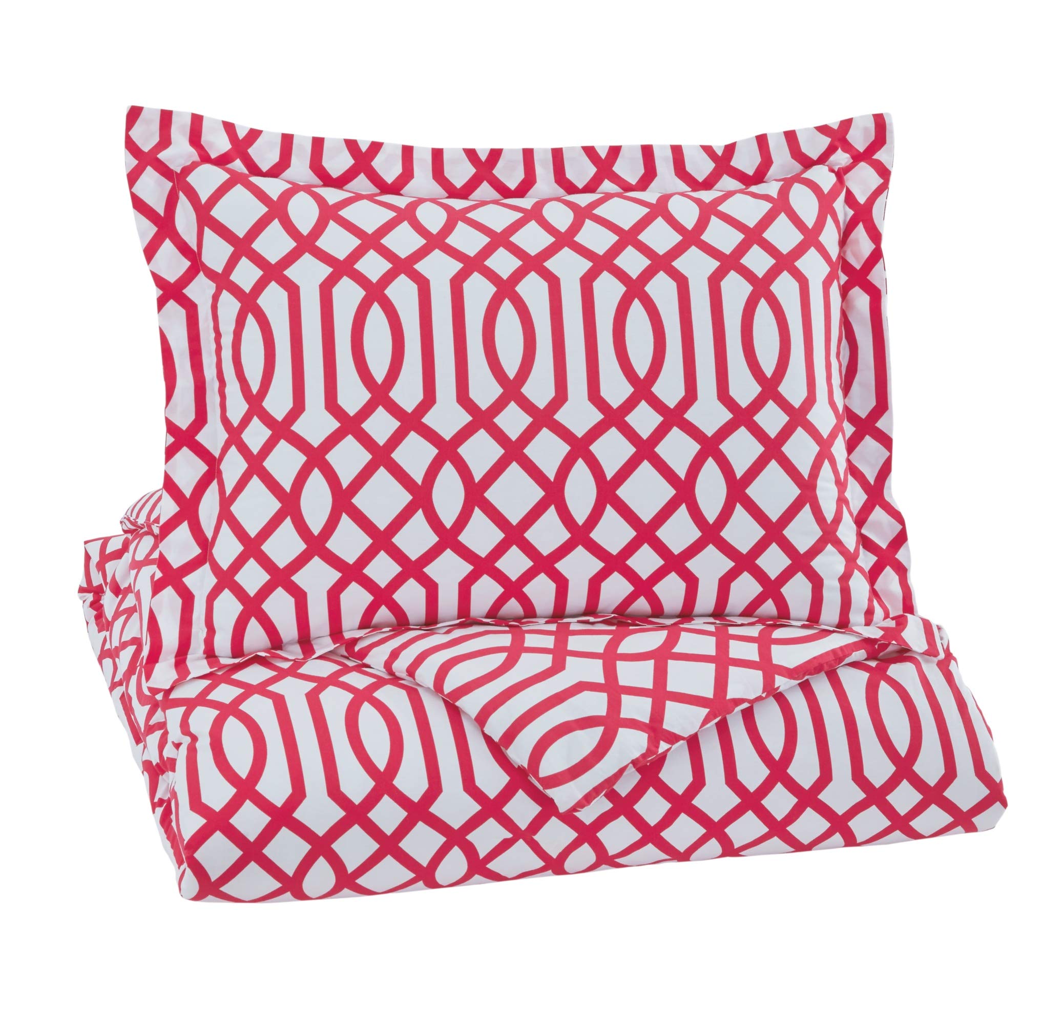 Signature Design by Ashley Loomis Modern Trellis Comforter Set with 1 Sham - Twin Size, White & Pink - Perfect for Bedroom Decor & Guest Room Styling